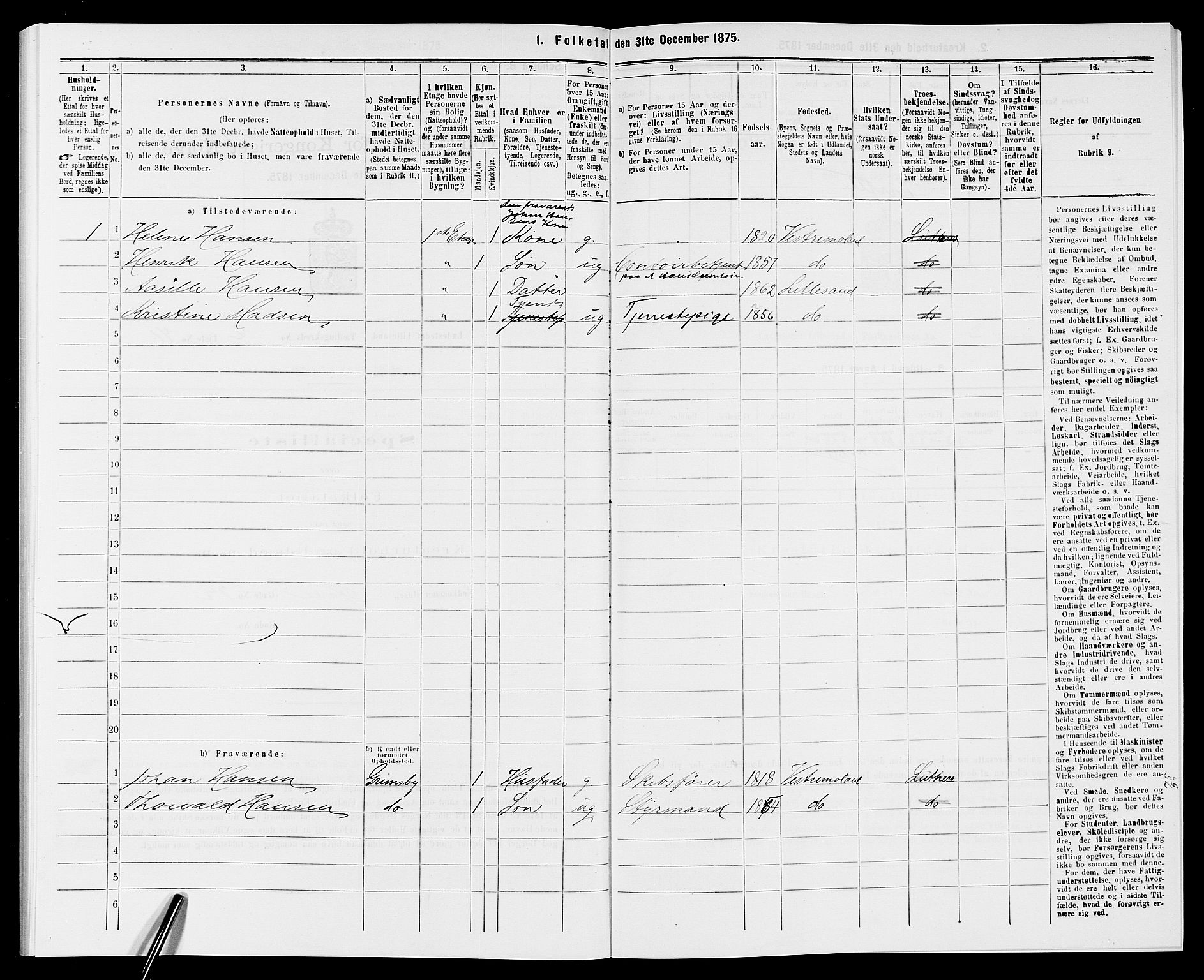 SAK, 1875 census for 0905B Vestre Moland/Lillesand, 1875, p. 189