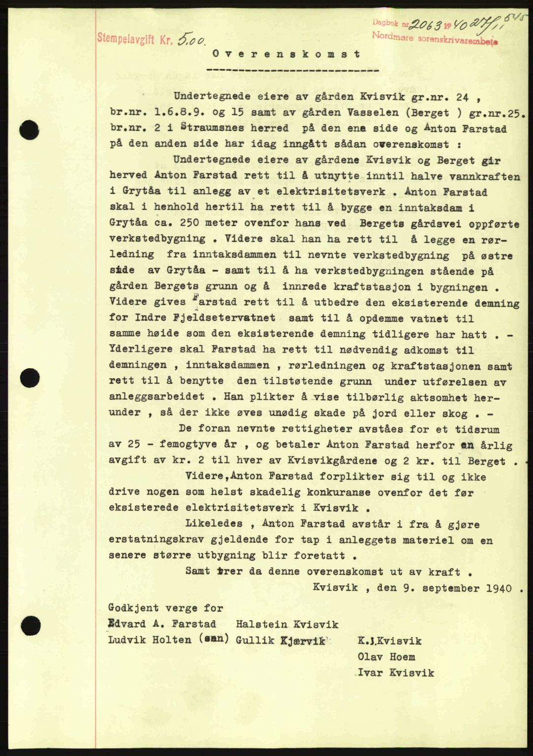 Nordmøre sorenskriveri, AV/SAT-A-4132/1/2/2Ca: Mortgage book no. B87, 1940-1941, Diary no: : 2063/1940