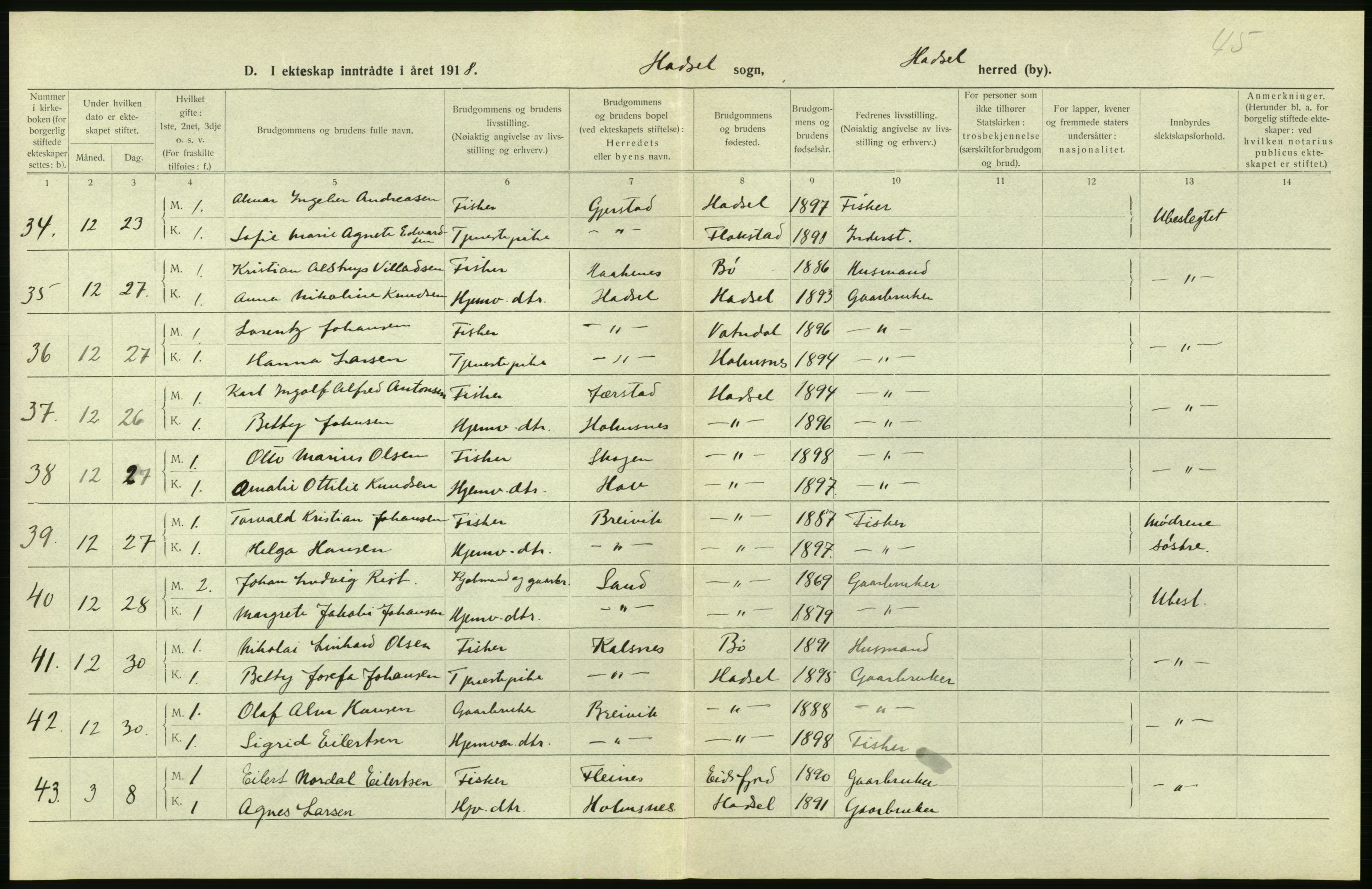 Statistisk sentralbyrå, Sosiodemografiske emner, Befolkning, AV/RA-S-2228/D/Df/Dfb/Dfbh/L0054: Nordland fylke: Gifte, dødfødte. Bygder og byer., 1918, p. 284