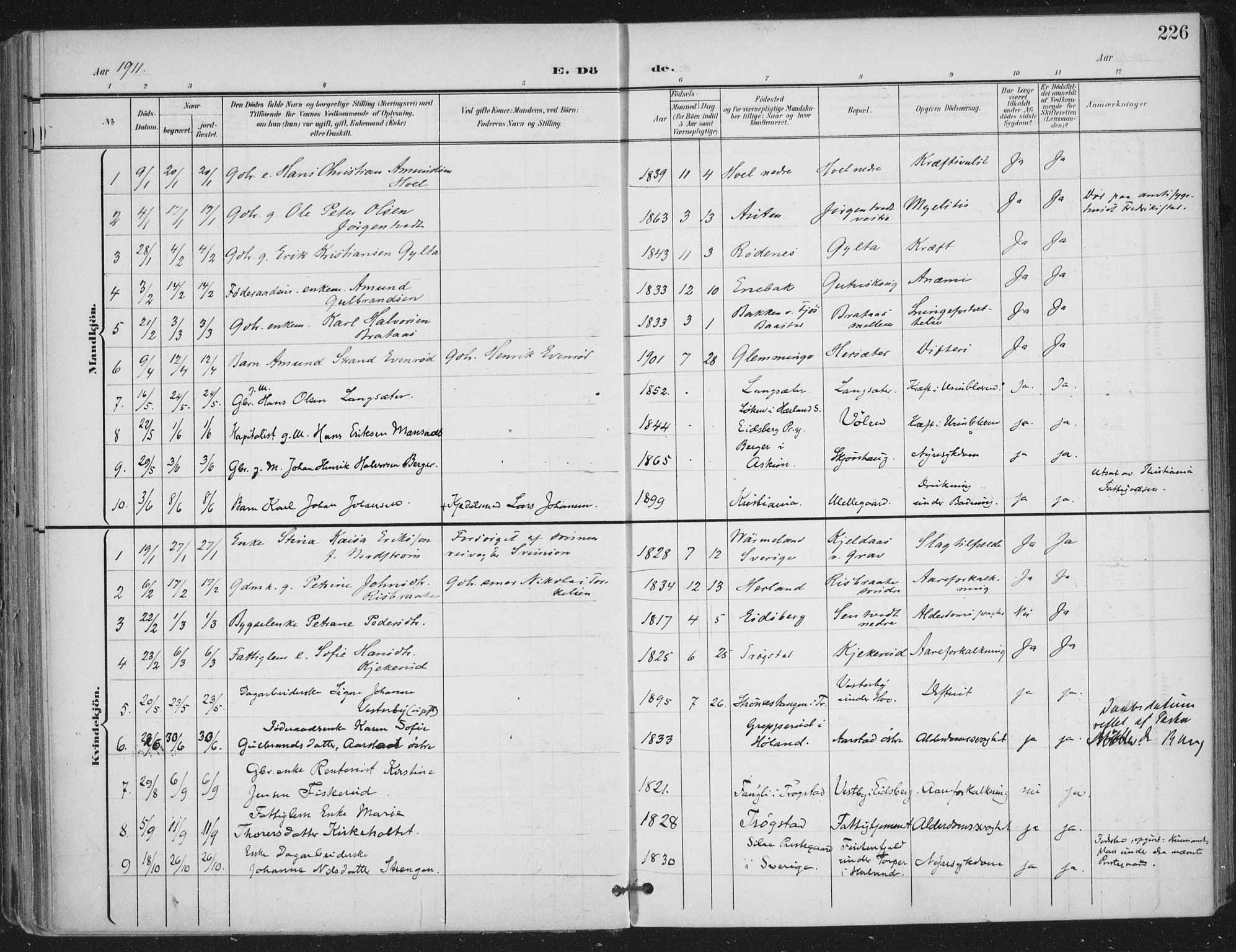 Trøgstad prestekontor Kirkebøker, AV/SAO-A-10925/F/Fa/L0011: Parish register (official) no. I 11, 1899-1919, p. 226