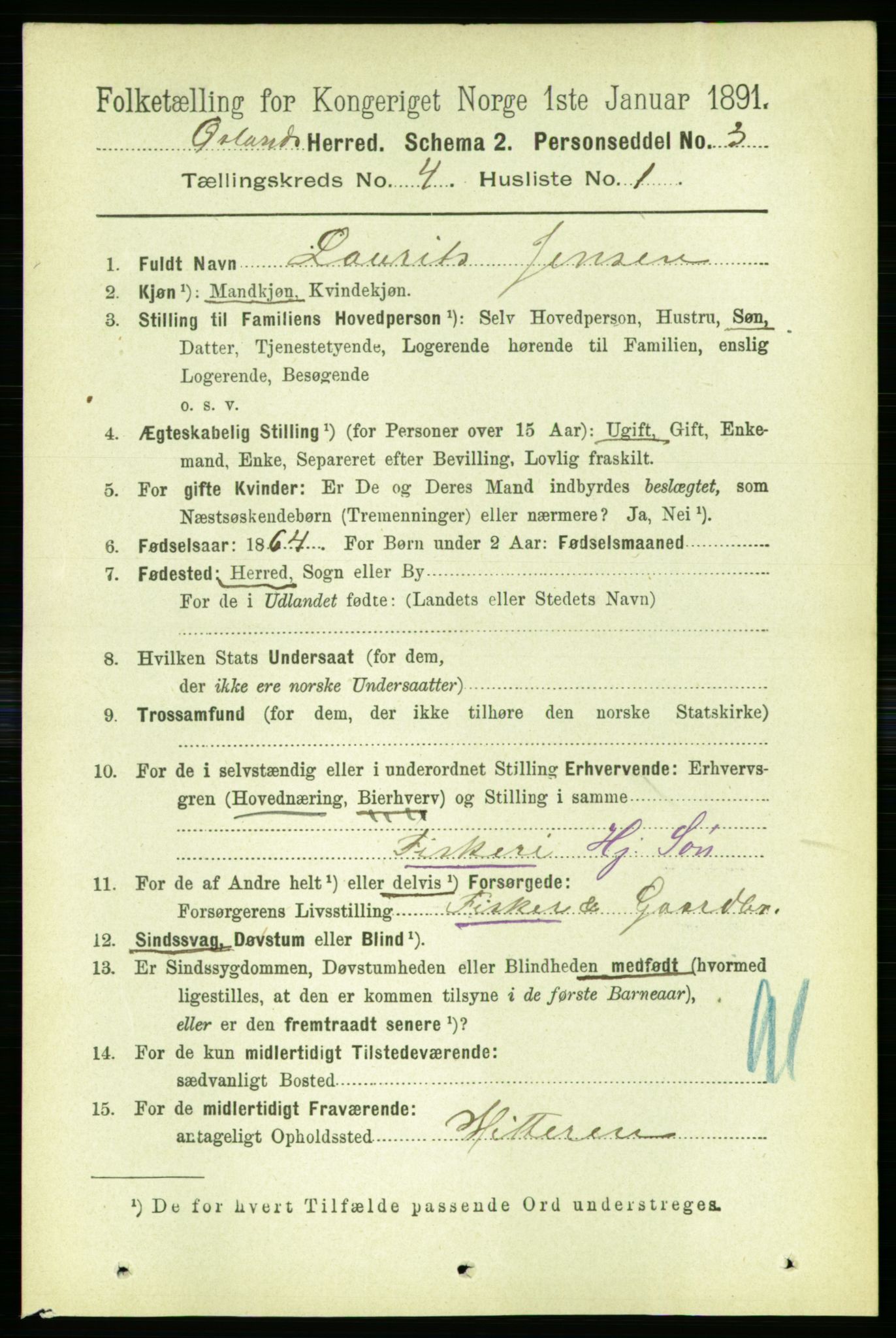 RA, 1891 census for 1621 Ørland, 1891, p. 1311