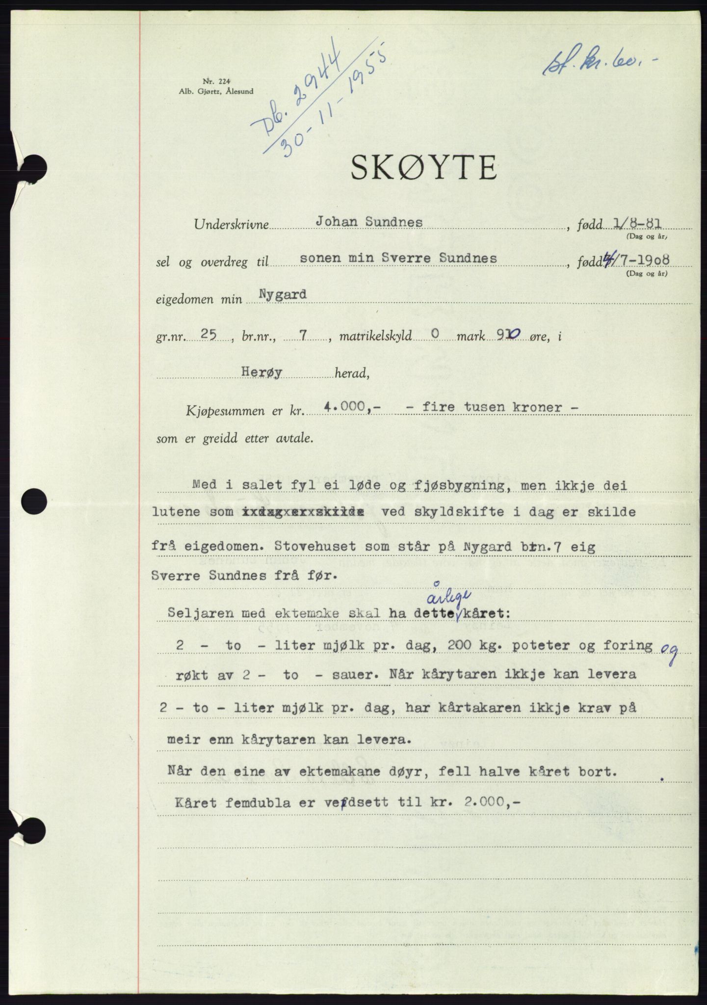 Søre Sunnmøre sorenskriveri, AV/SAT-A-4122/1/2/2C/L0102: Mortgage book no. 28A, 1955-1956, Diary no: : 2944/1955