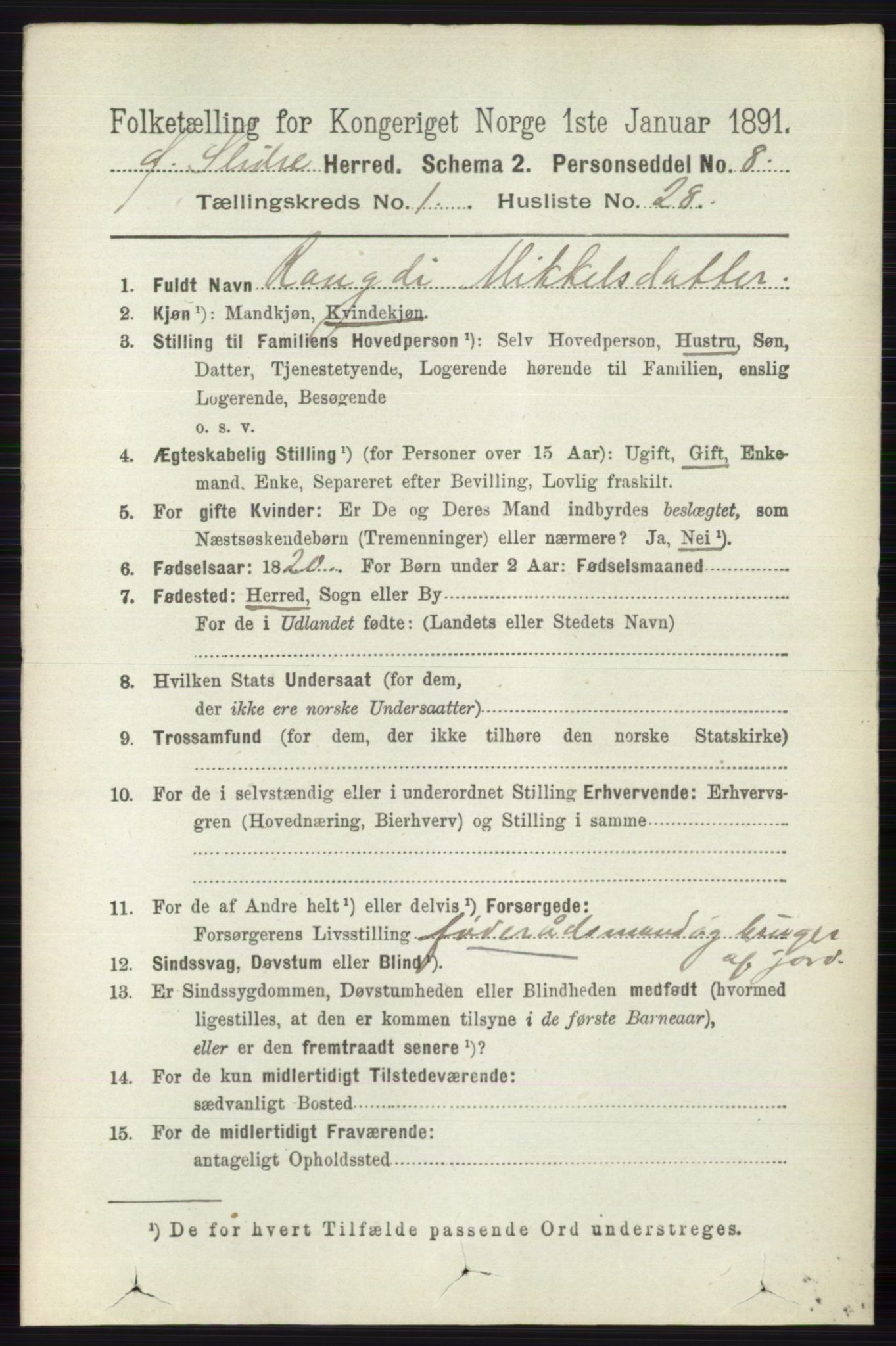 RA, 1891 census for 0544 Øystre Slidre, 1891, p. 210