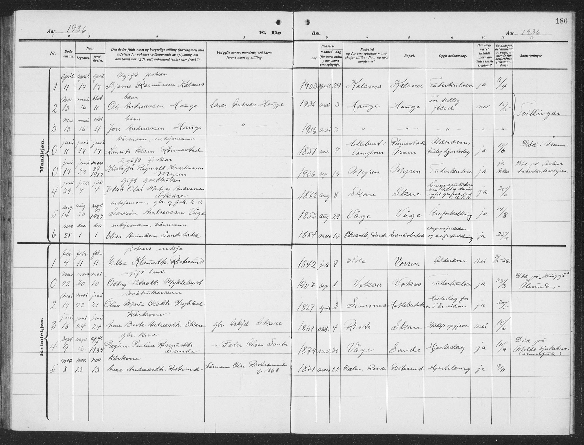 Ministerialprotokoller, klokkerbøker og fødselsregistre - Møre og Romsdal, AV/SAT-A-1454/503/L0051: Parish register (copy) no. 503C06, 1923-1938, p. 186