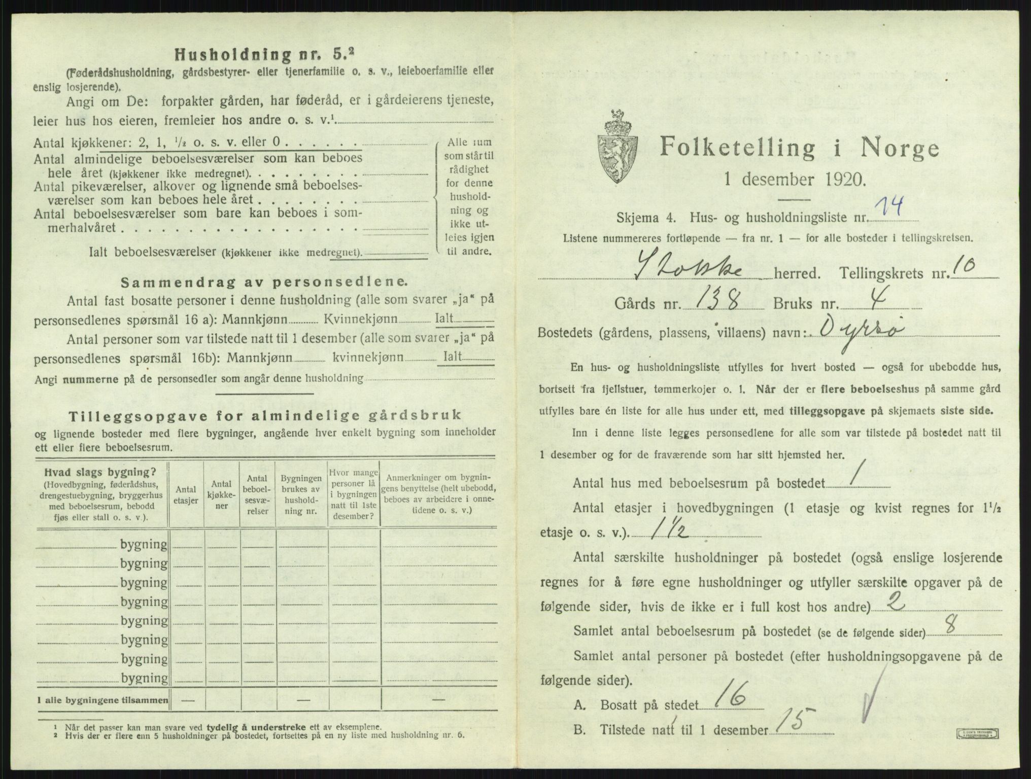 SAKO, 1920 census for Stokke, 1920, p. 1846
