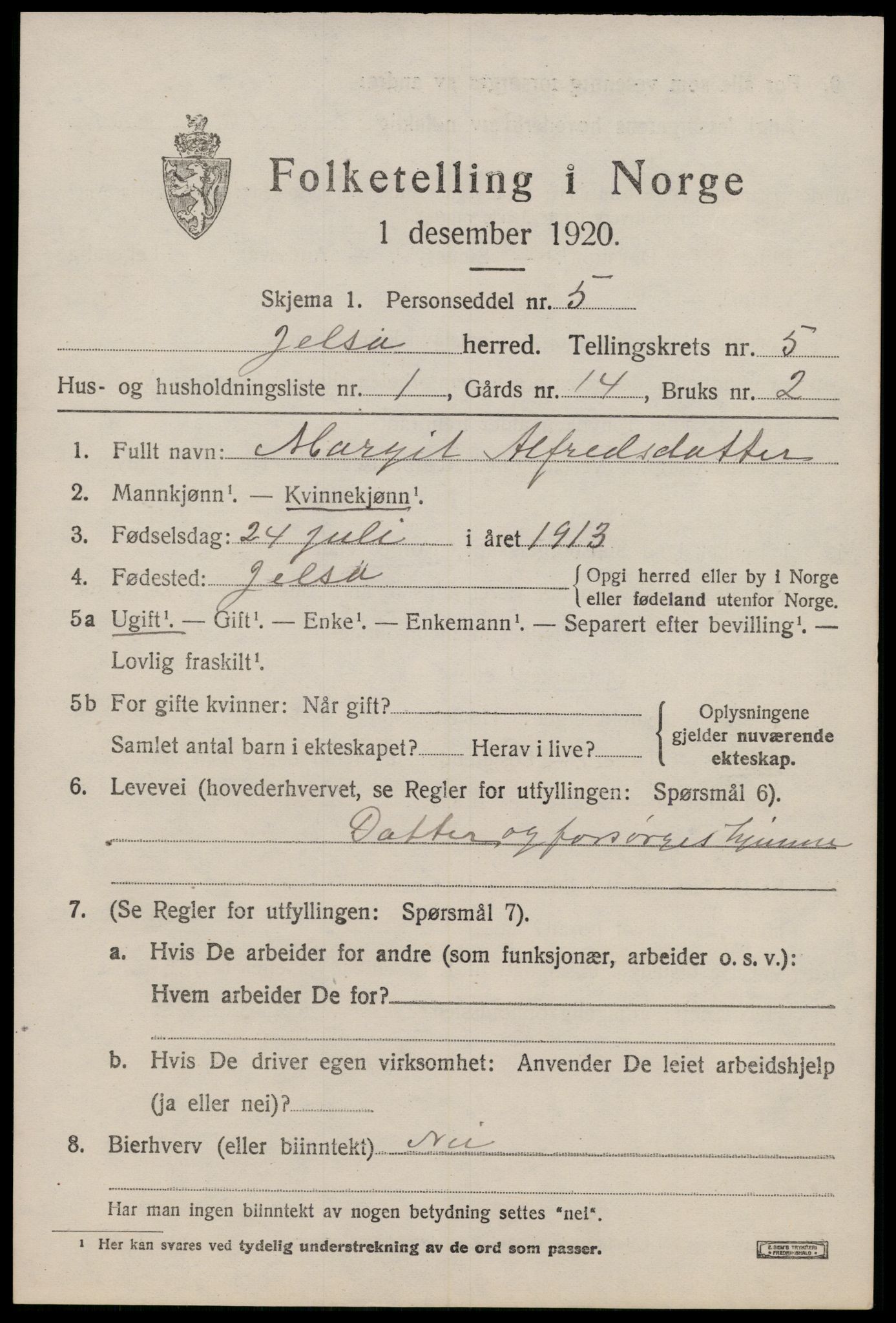 SAST, 1920 census for Jelsa, 1920, p. 1432