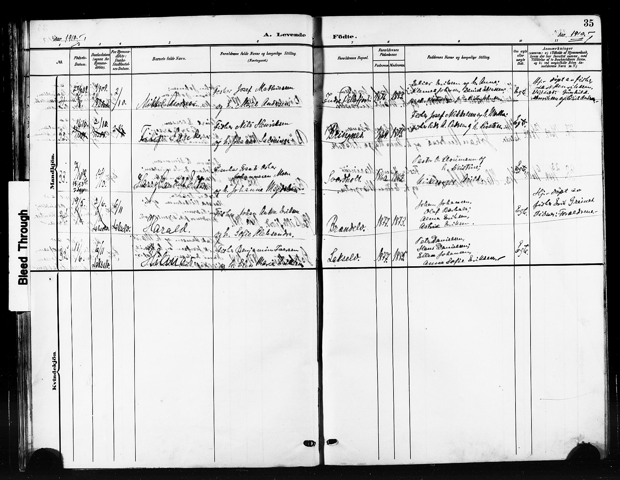 Kistrand/Porsanger sokneprestembete, SATØ/S-1351/H/Hb/L0006.klokk: Parish register (copy) no. 6, 1905-1917, p. 35