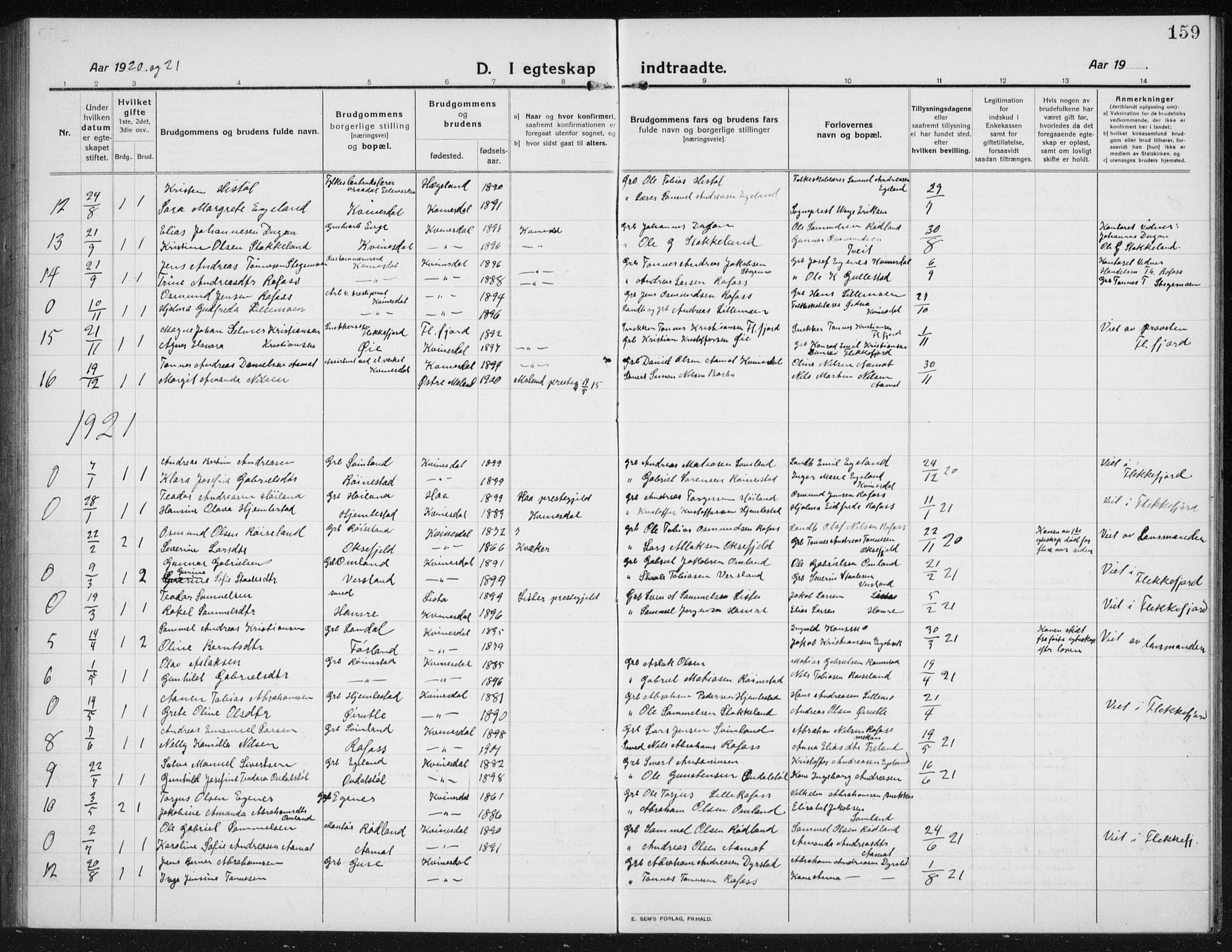 Kvinesdal sokneprestkontor, SAK/1111-0026/F/Fb/Fbb/L0004: Parish register (copy) no. B 4, 1917-1938, p. 159