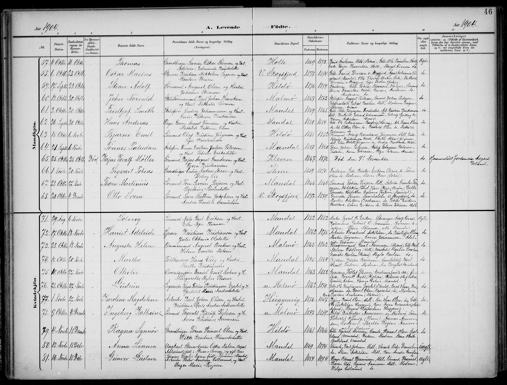 Mandal sokneprestkontor, AV/SAK-1111-0030/F/Fb/Fba/L0012: Parish register (copy) no. B 6, 1899-1918, p. 46