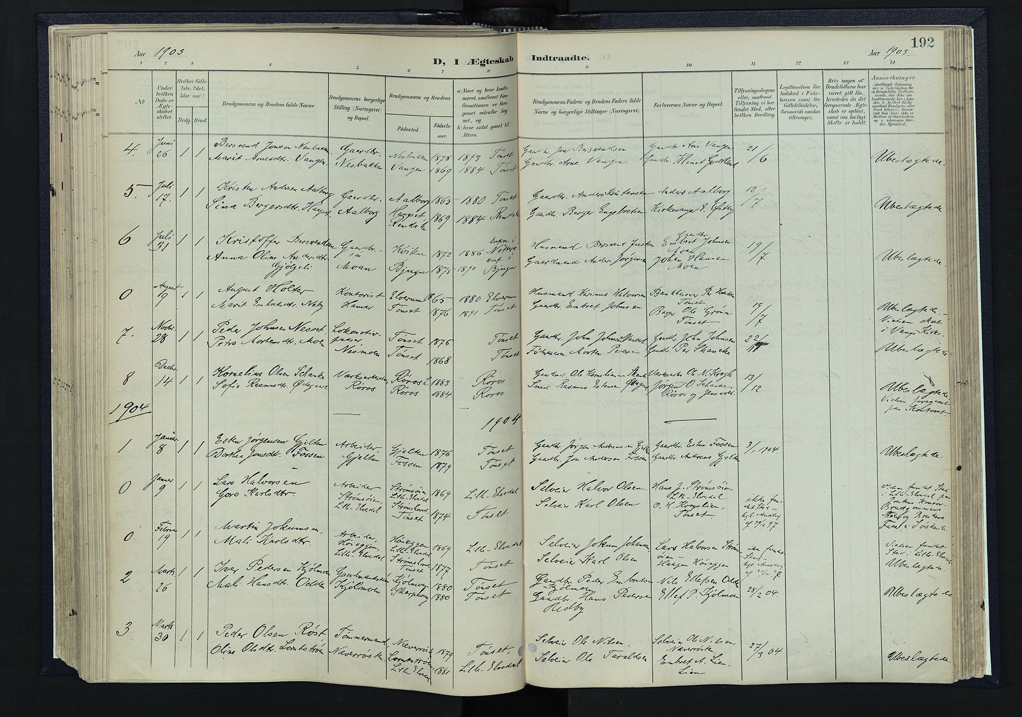 Tynset prestekontor, SAH/PREST-058/H/Ha/Haa/L0025: Parish register (official) no. 25, 1900-1914, p. 192