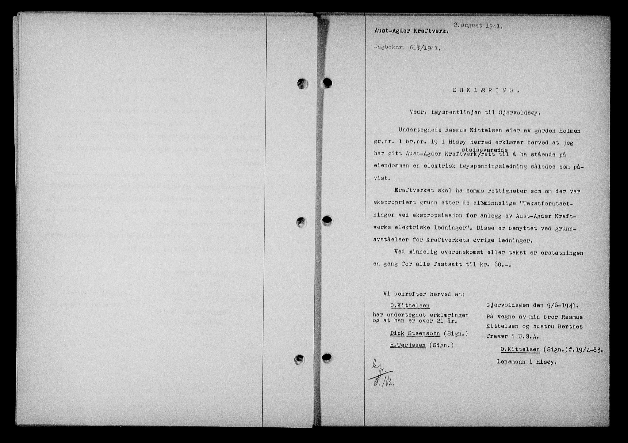 Nedenes sorenskriveri, SAK/1221-0006/G/Gb/Gba/L0048: Mortgage book no. A-II, 1940-1941, Diary no: : 613/1941