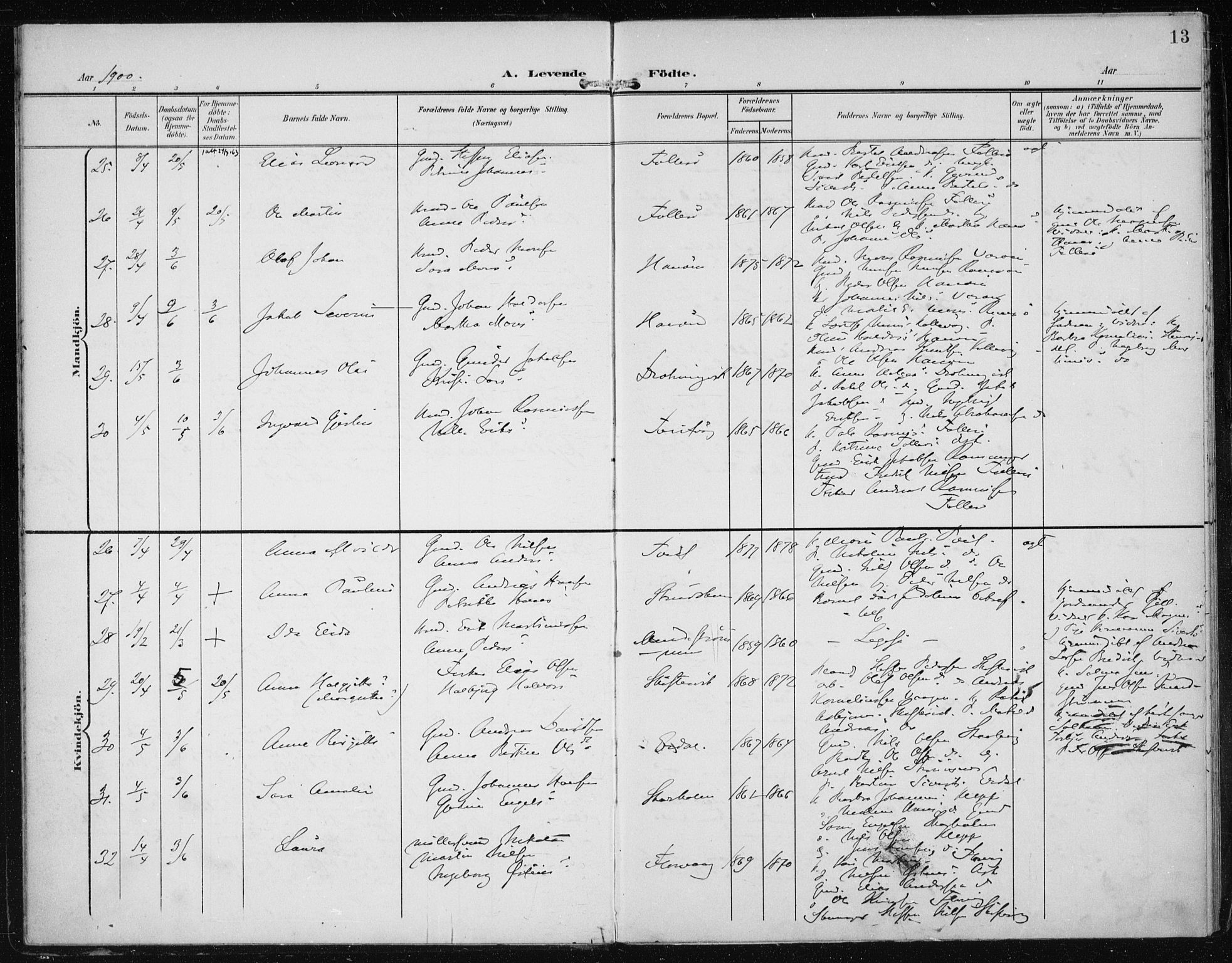 Askøy Sokneprestembete, AV/SAB-A-74101/H/Ha/Haa/Haac/L0001: Parish register (official) no. C 1, 1899-1905, p. 13