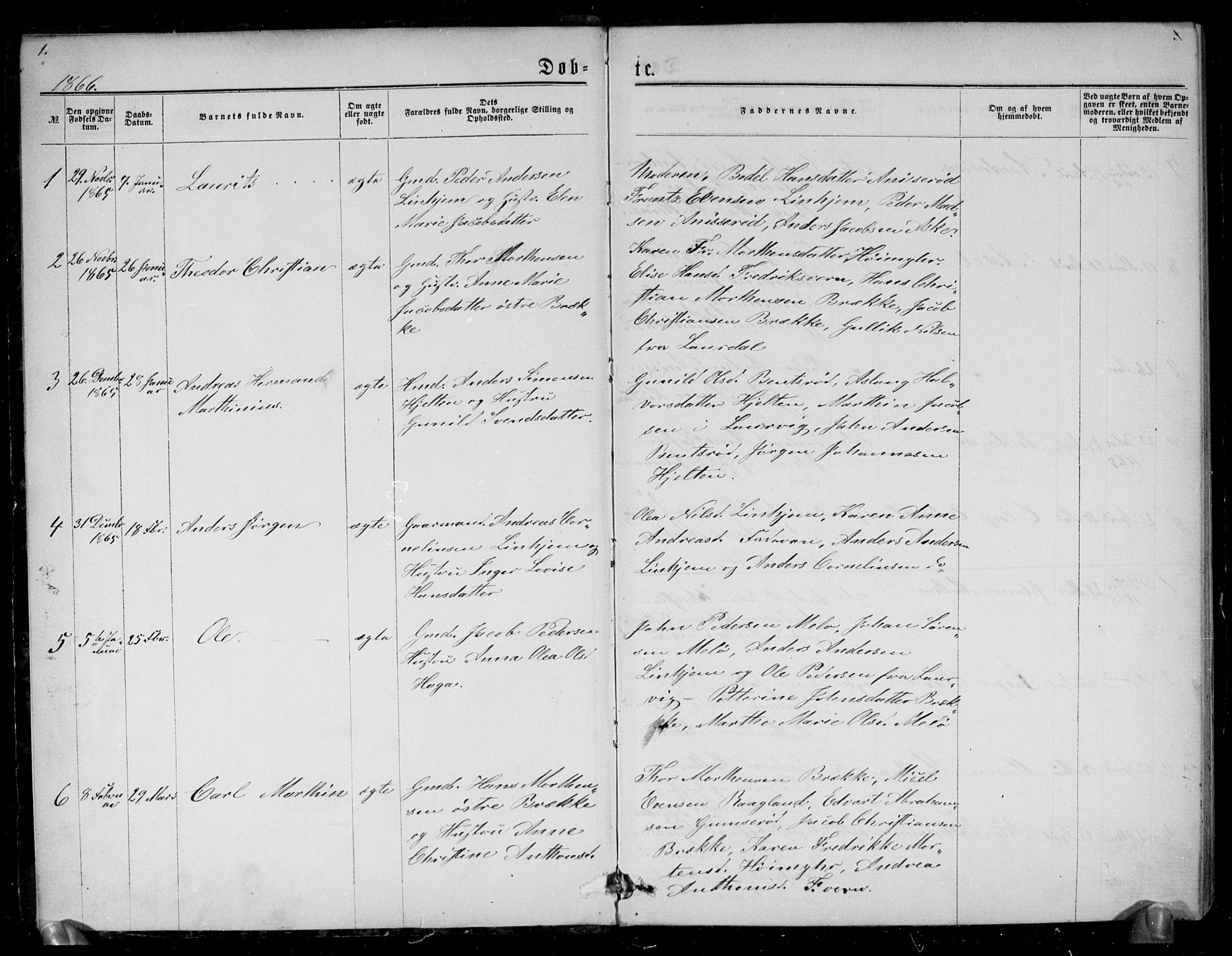 Brunlanes kirkebøker, AV/SAKO-A-342/G/Ga/L0002: Parish register (copy) no. I 2, 1866-1876, p. 1