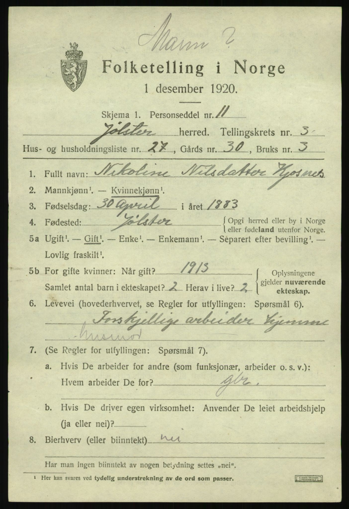 SAB, 1920 census for Jølster, 1920, p. 2364