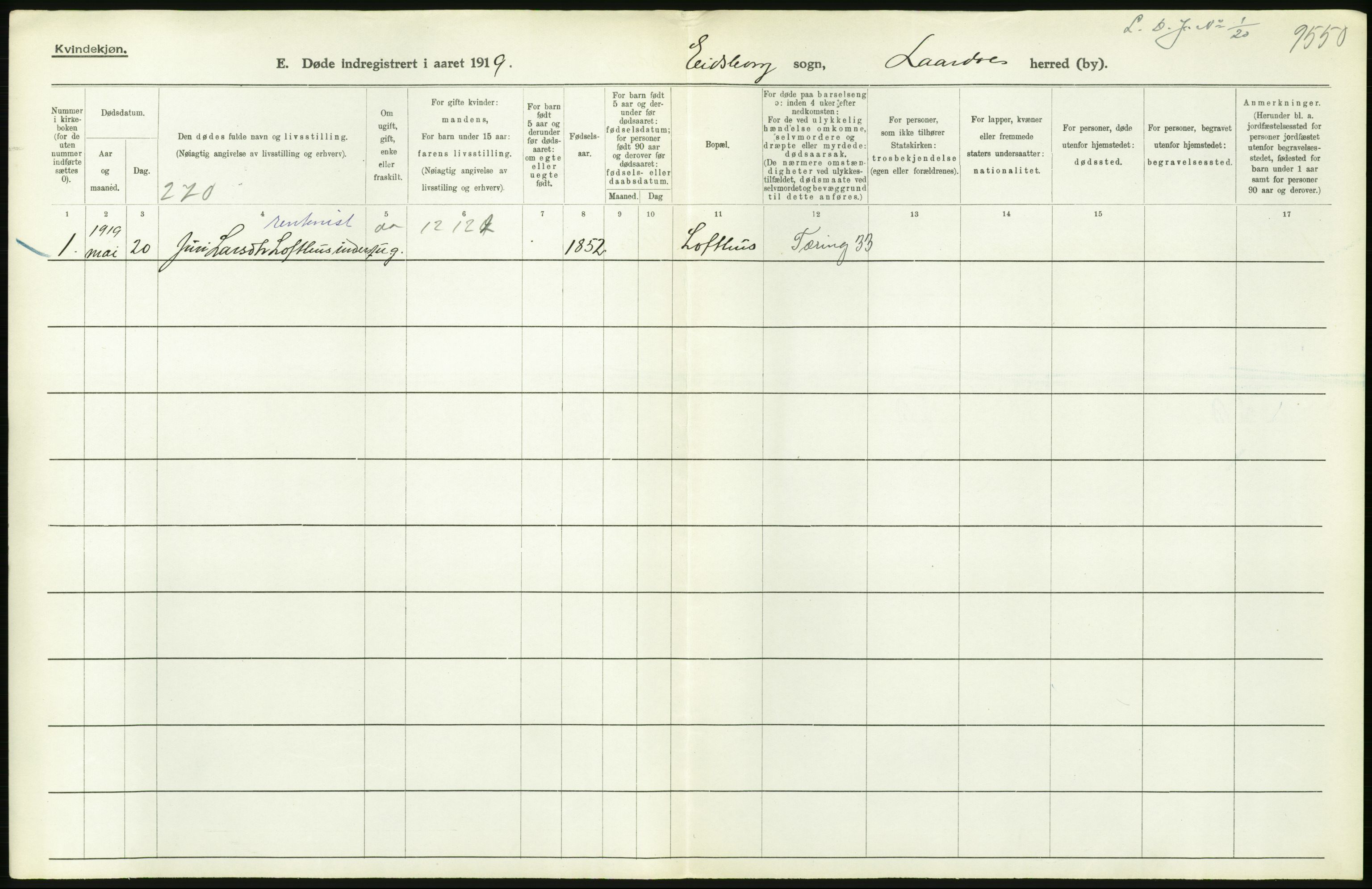 Statistisk sentralbyrå, Sosiodemografiske emner, Befolkning, RA/S-2228/D/Df/Dfb/Dfbi/L0023: Telemark fylke: Døde. Bygder og byer., 1919, p. 298