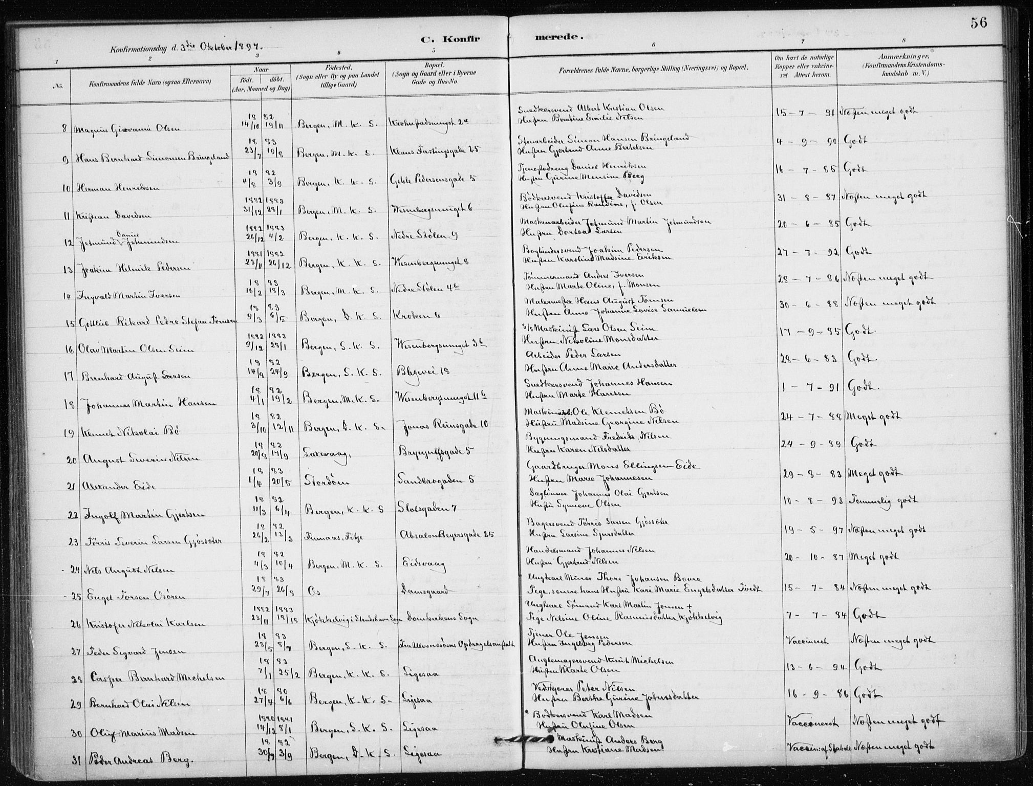 Mariakirken Sokneprestembete, AV/SAB-A-76901/H/Haa/L0013: Parish register (official) no. C 1, 1889-1900, p. 56