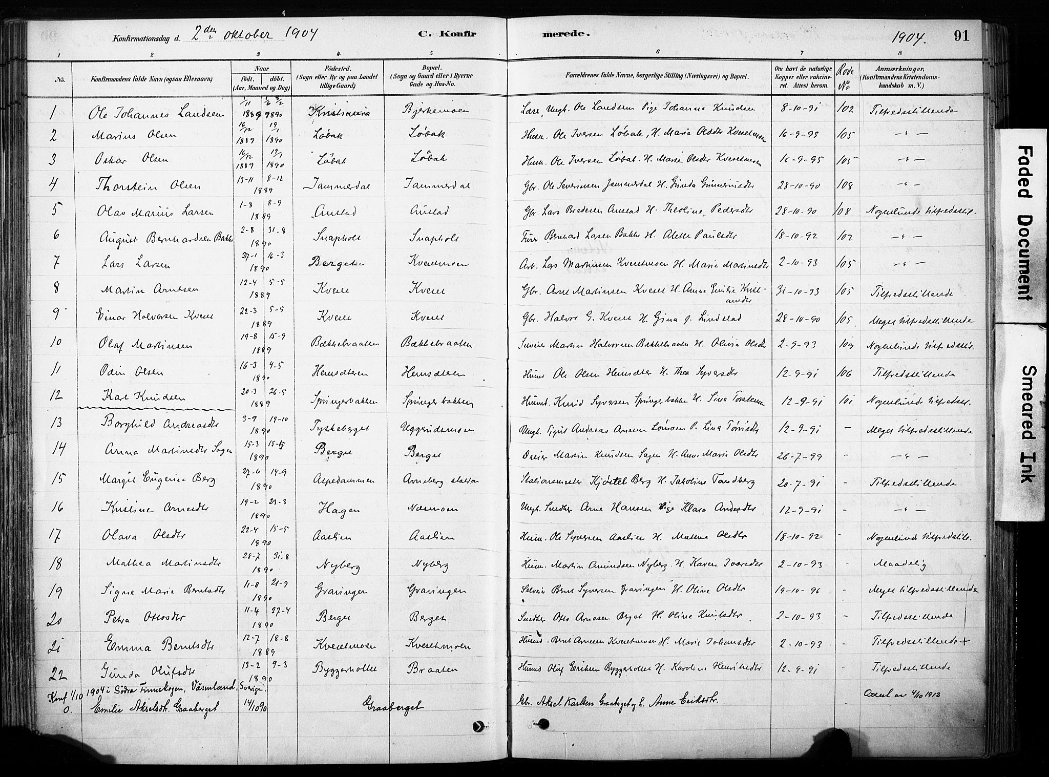 Hof prestekontor, SAH/PREST-038/H/Ha/Haa/L0011: Parish register (official) no. 11, 1879-1911, p. 91