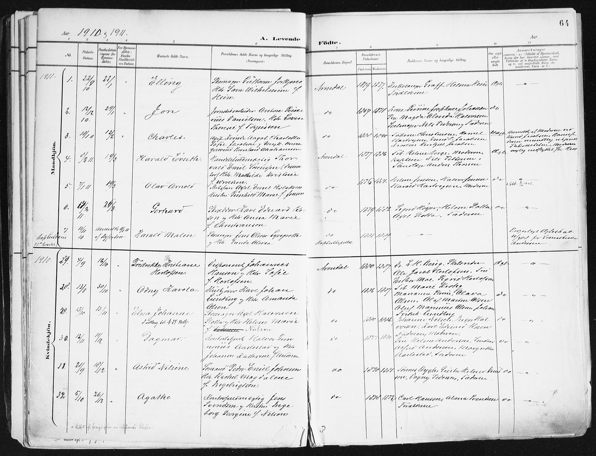 Arendal sokneprestkontor, Trefoldighet, SAK/1111-0040/F/Fa/L0010: Parish register (official) no. A 10, 1900-1919, p. 64