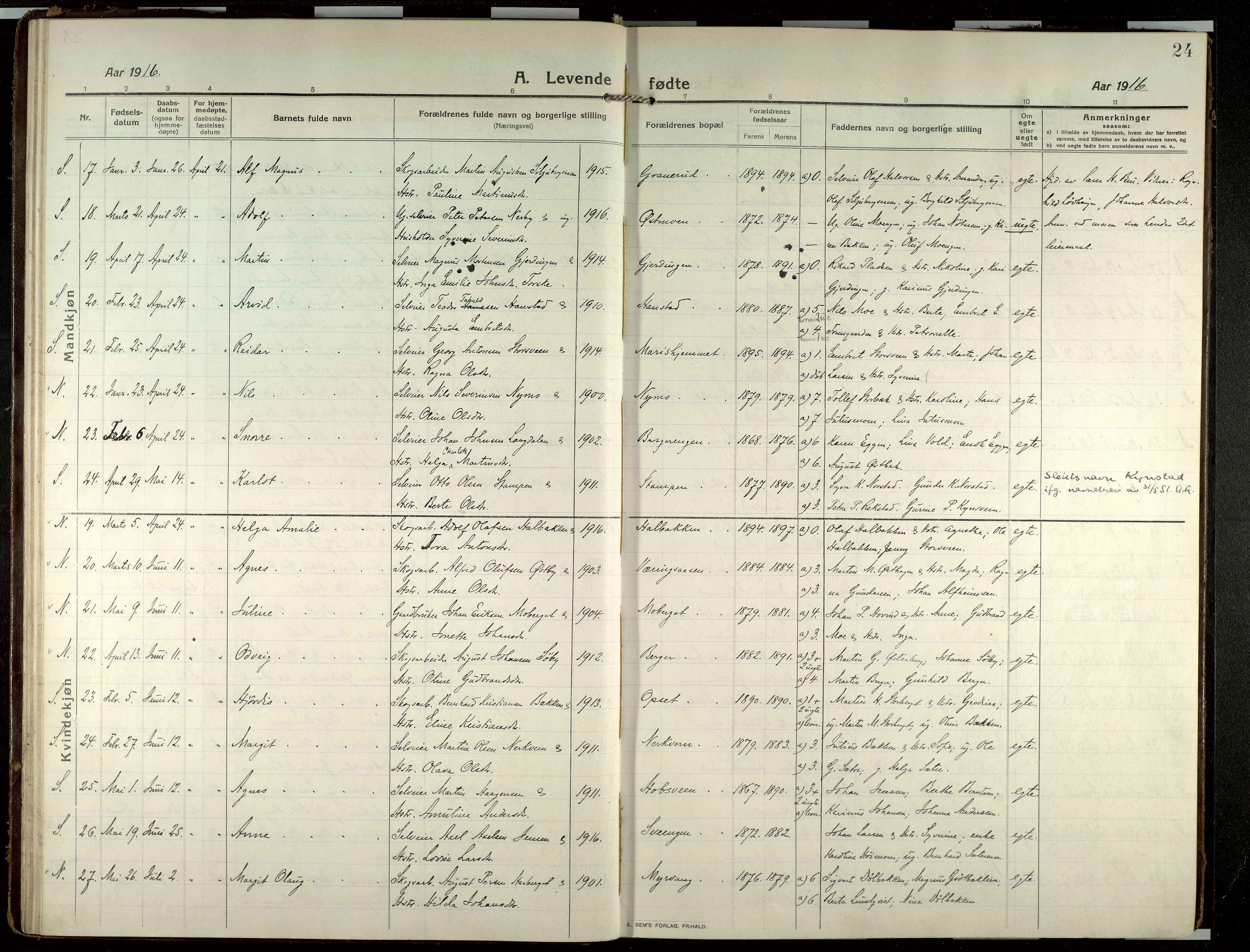 Elverum prestekontor, AV/SAH-PREST-044/H/Ha/Haa/L0022: Parish register (official) no. 22, 1913-1924, p. 24