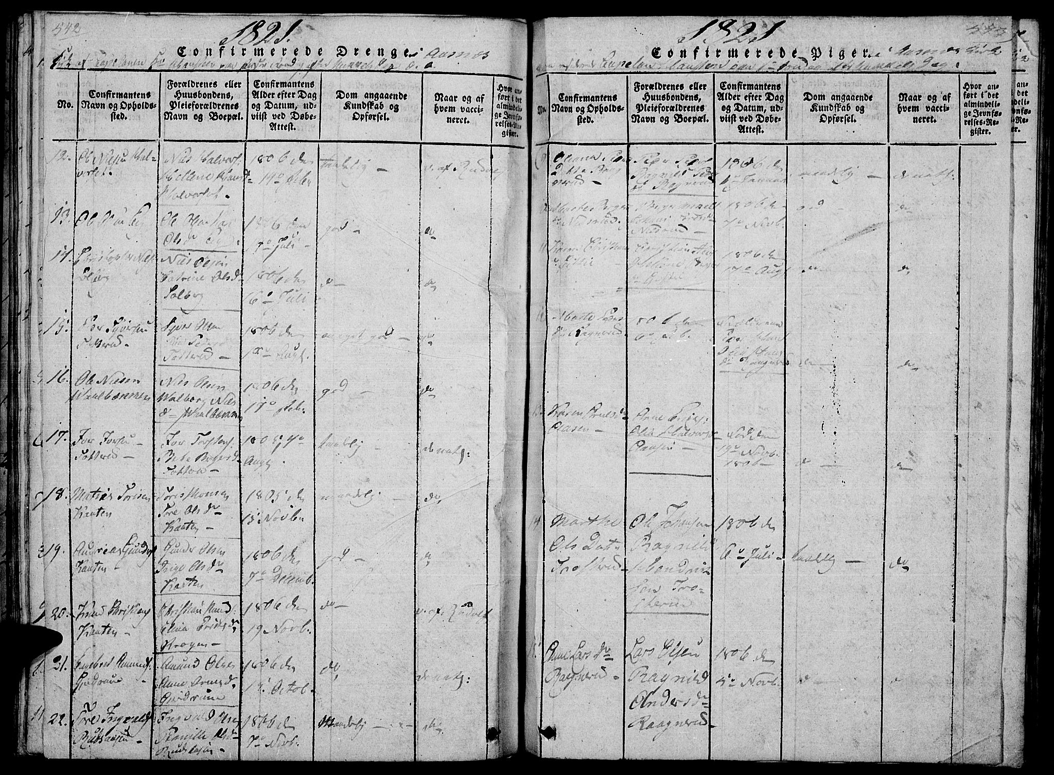 Hof prestekontor, AV/SAH-PREST-038/H/Ha/Haa/L0005: Parish register (official) no. 5, 1816-1822, p. 542-543