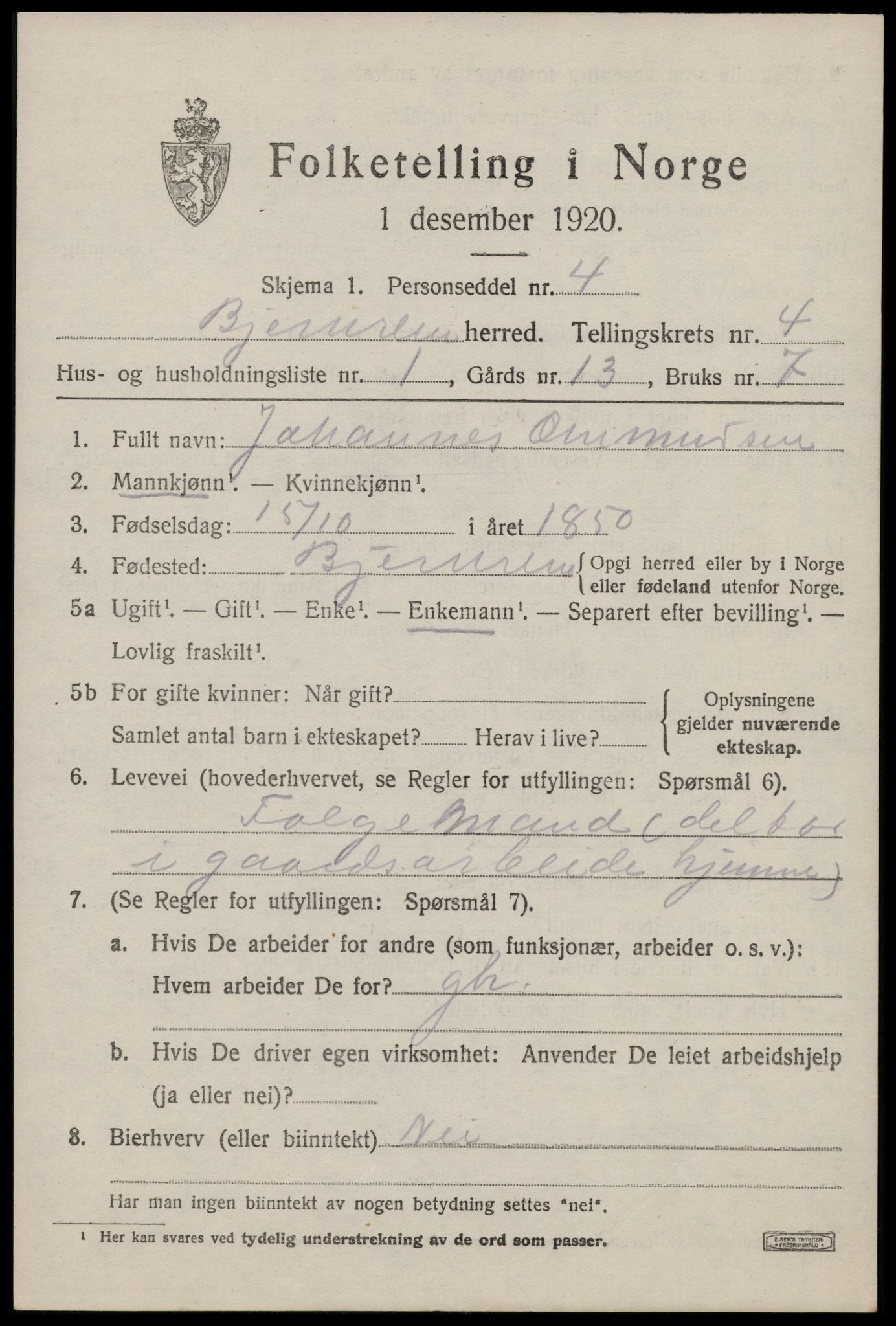 SAST, 1920 census for Bjerkreim, 1920, p. 1774