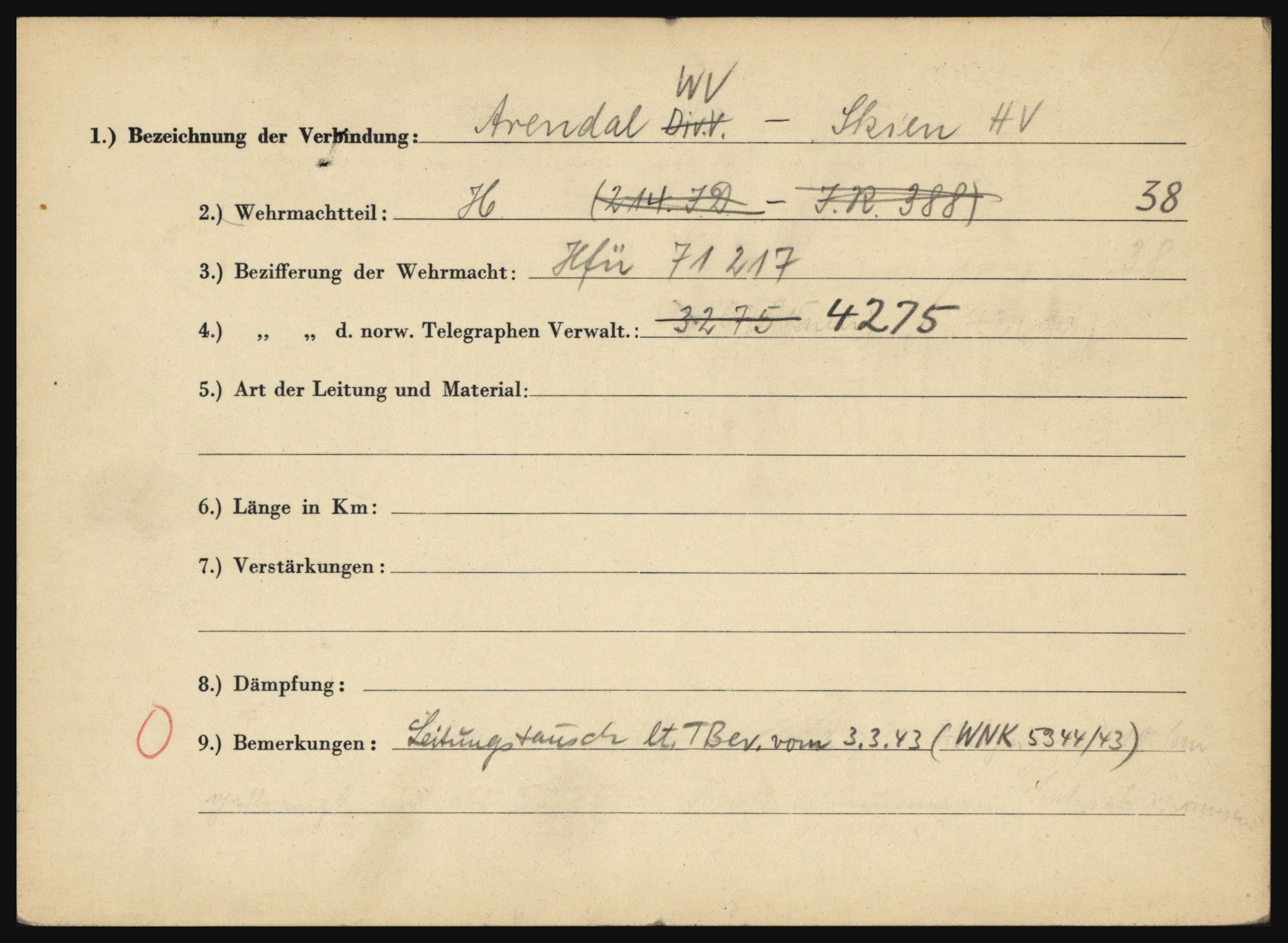Tyske arkiver, Organisation Todt (OT), Einsatzgruppe Wiking, RA/RAFA-2188/1/O/O12/L0004: Kartotek over tyske telefon- og fjernskriverlinjer i Norge, 1940-1945, p. 1