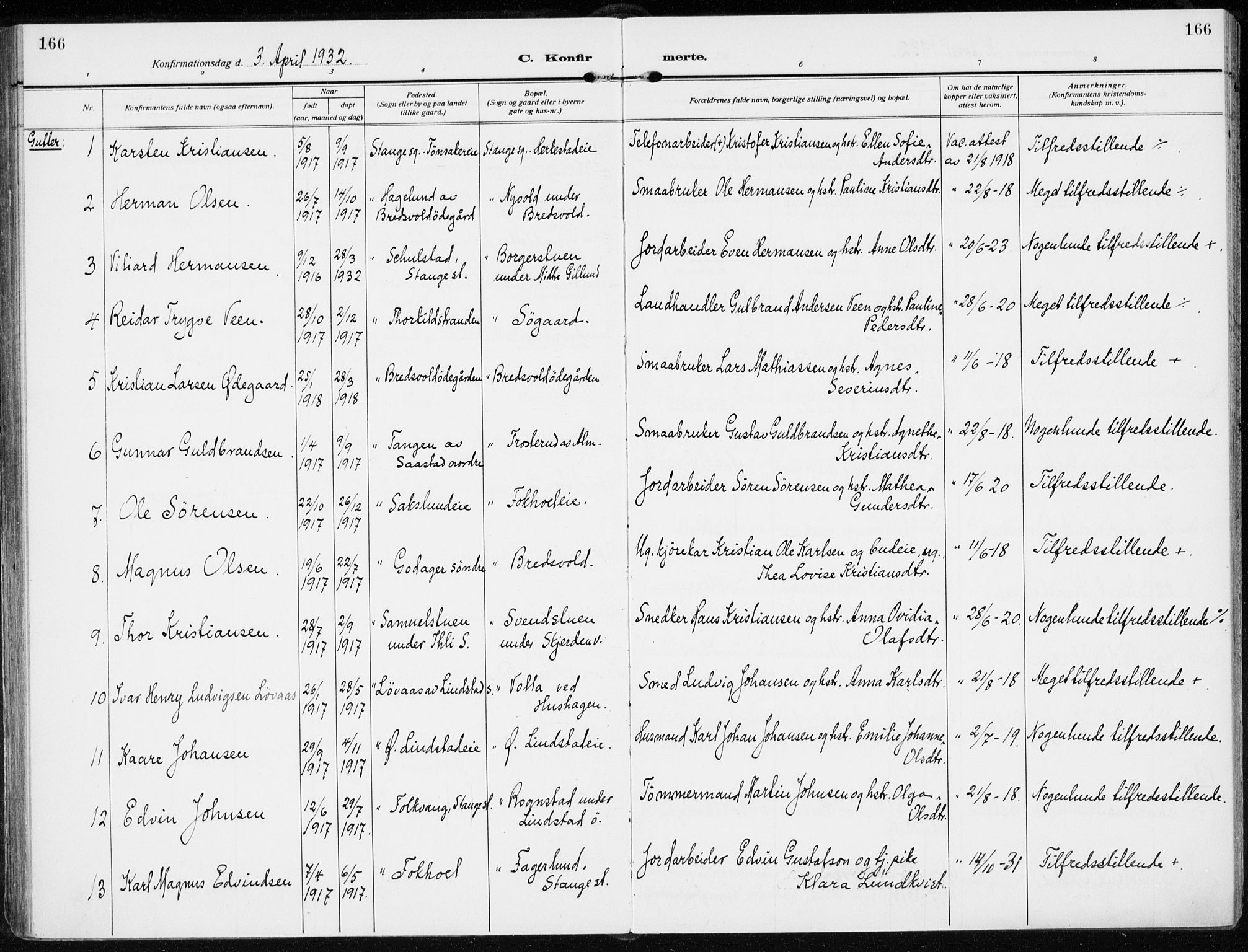 Stange prestekontor, AV/SAH-PREST-002/K/L0026: Parish register (official) no. 26, 1923-1937, p. 166