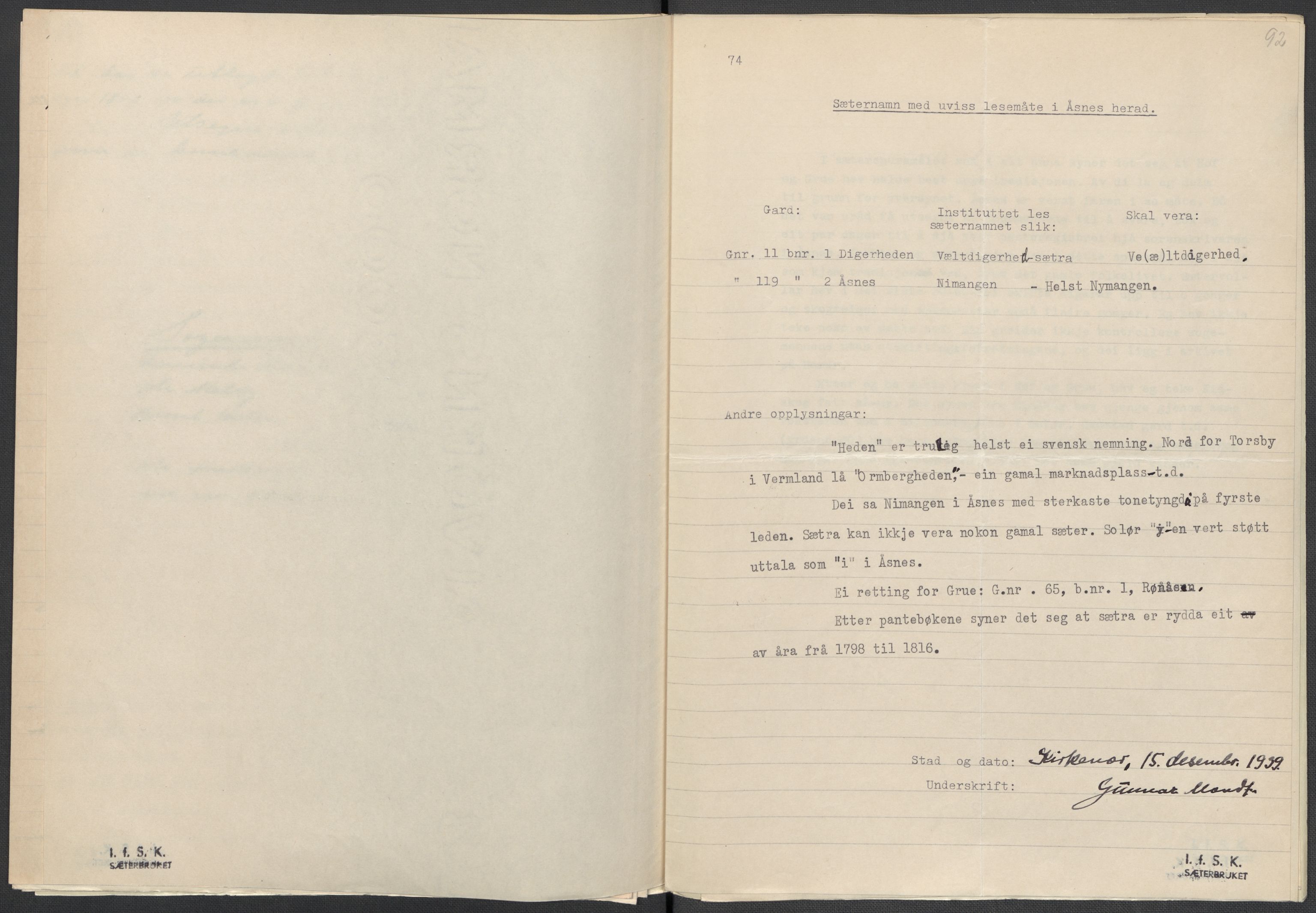 Instituttet for sammenlignende kulturforskning, AV/RA-PA-0424/F/Fc/L0003/0001: Eske B3: / Hedmark (perm IV), 1934-1935, p. 92