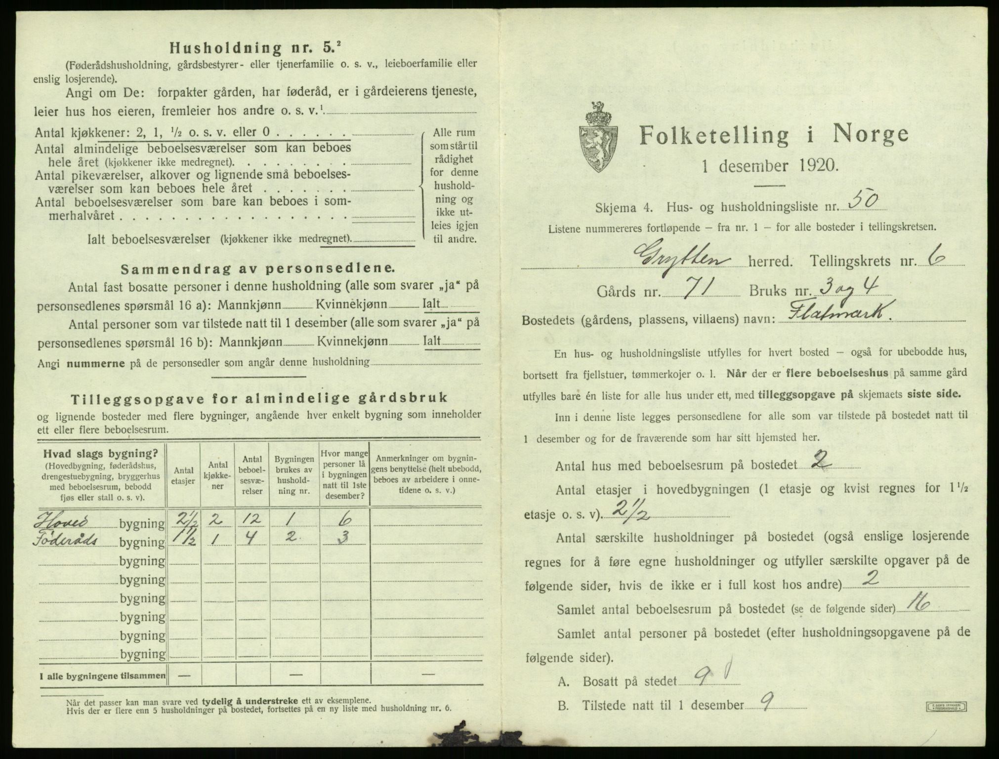 SAT, 1920 census for Grytten, 1920, p. 654