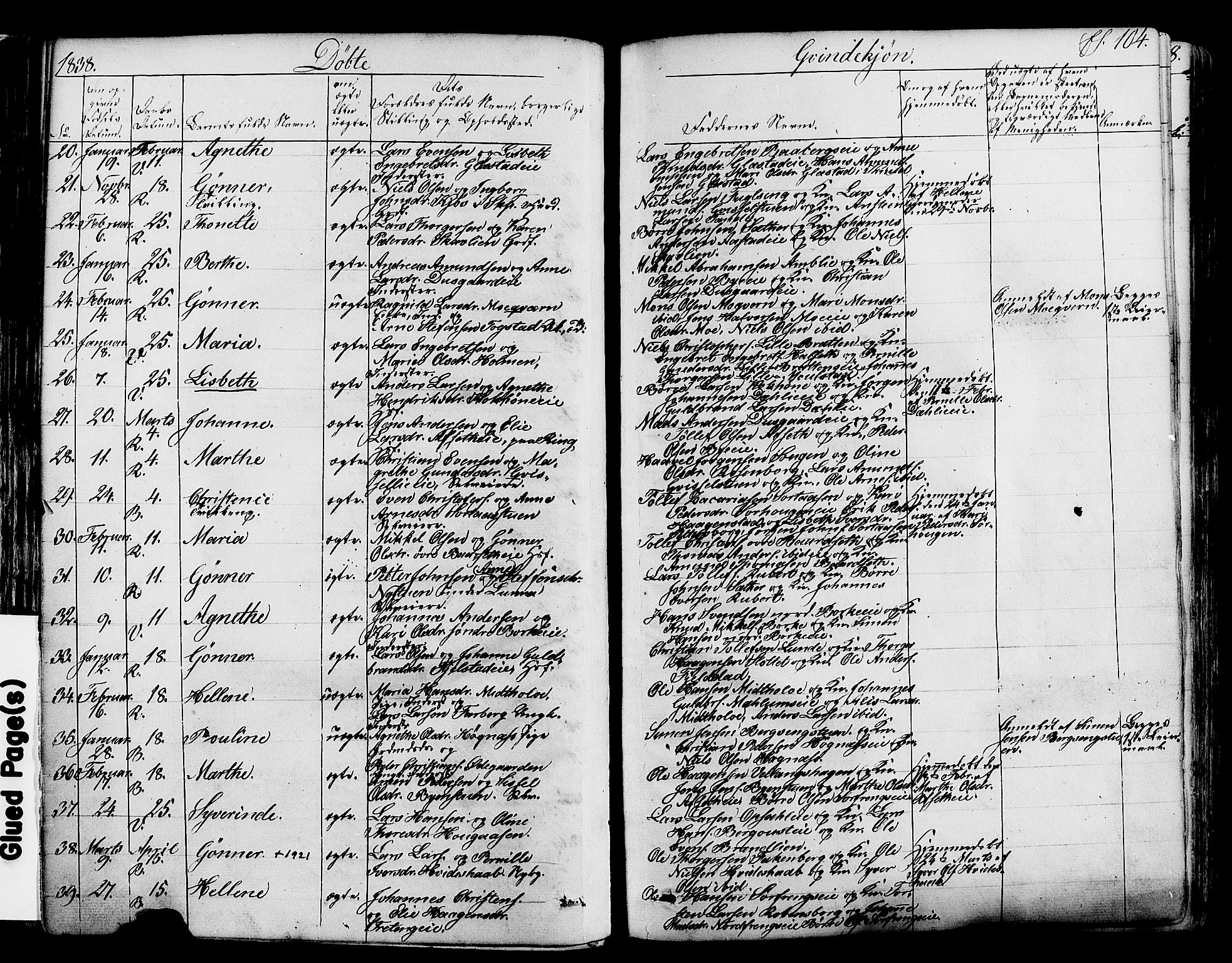 Ringsaker prestekontor, SAH/PREST-014/K/Ka/L0008: Parish register (official) no. 8, 1837-1850, p. 104