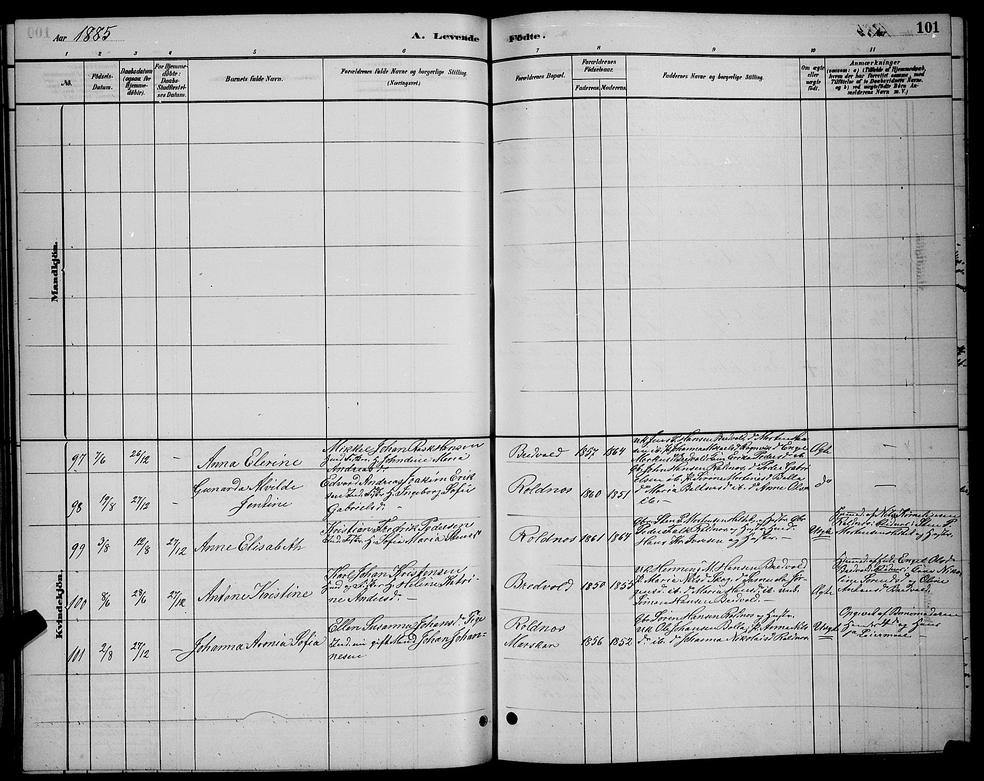 Ibestad sokneprestembete, SATØ/S-0077/H/Ha/Hab/L0007klokker: Parish register (copy) no. 7, 1879-1889, p. 101
