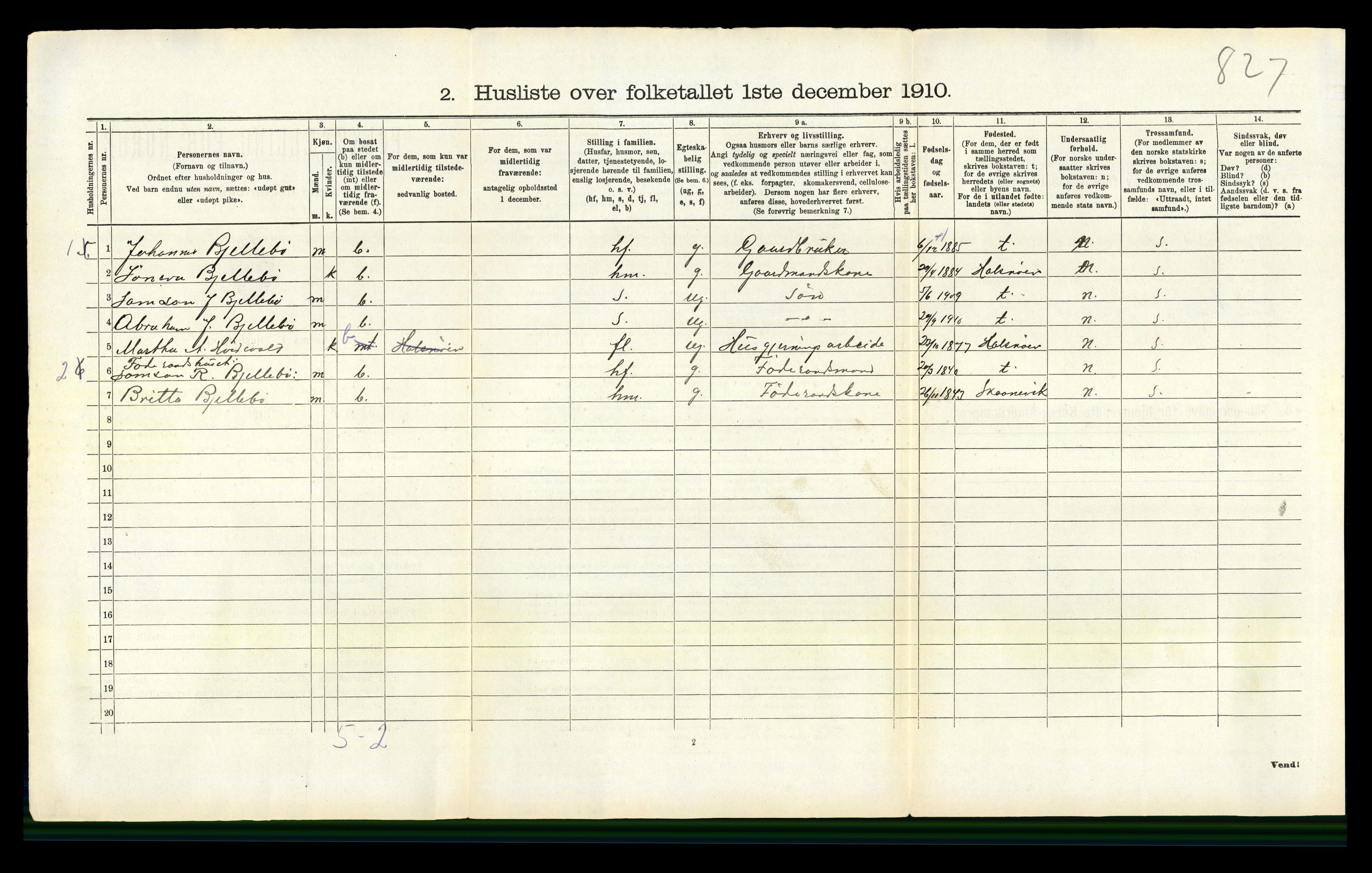 RA, 1910 census for Fjelberg, 1910, p. 726