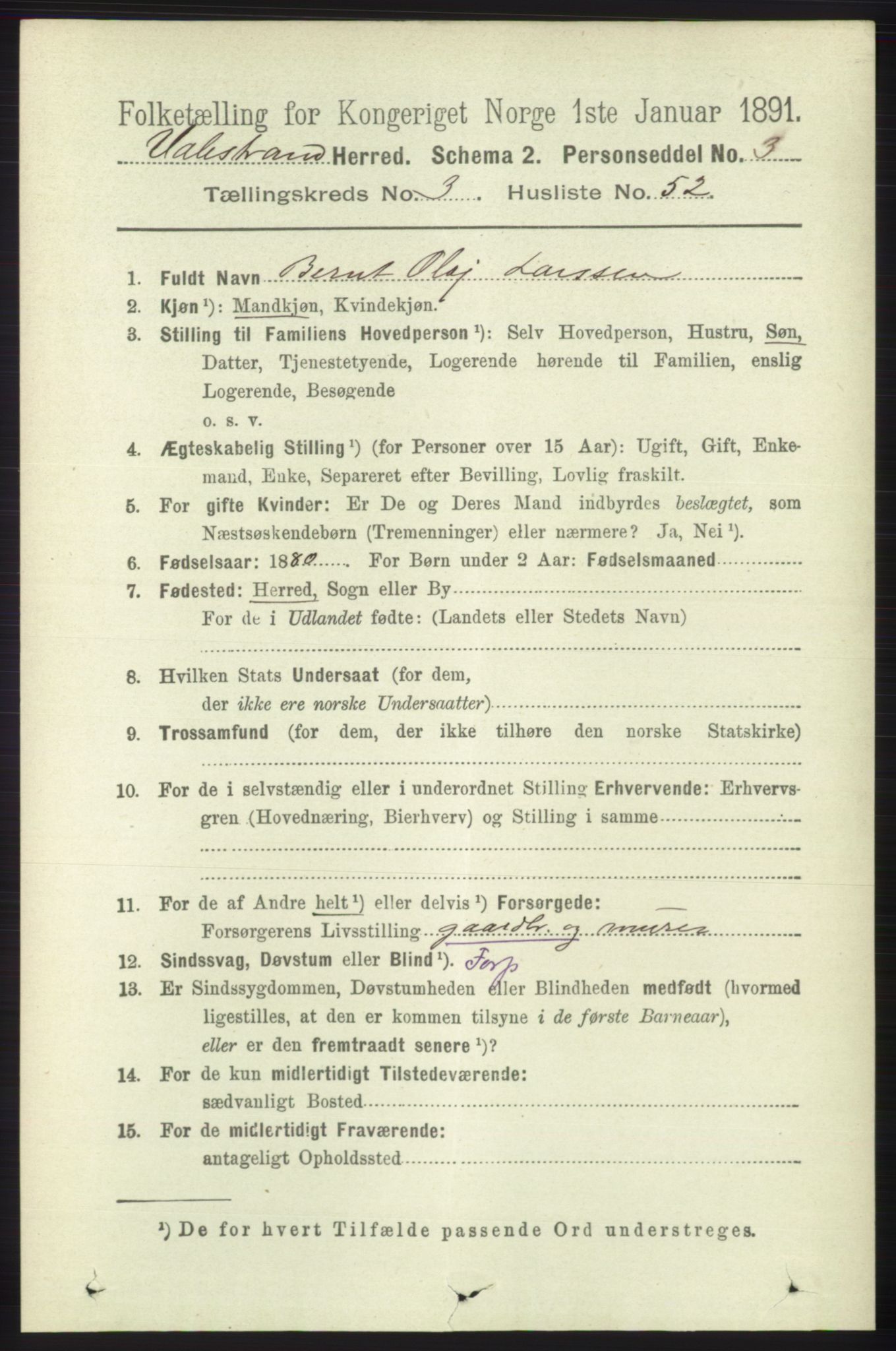 RA, 1891 census for 1217 Valestrand, 1891, p. 824