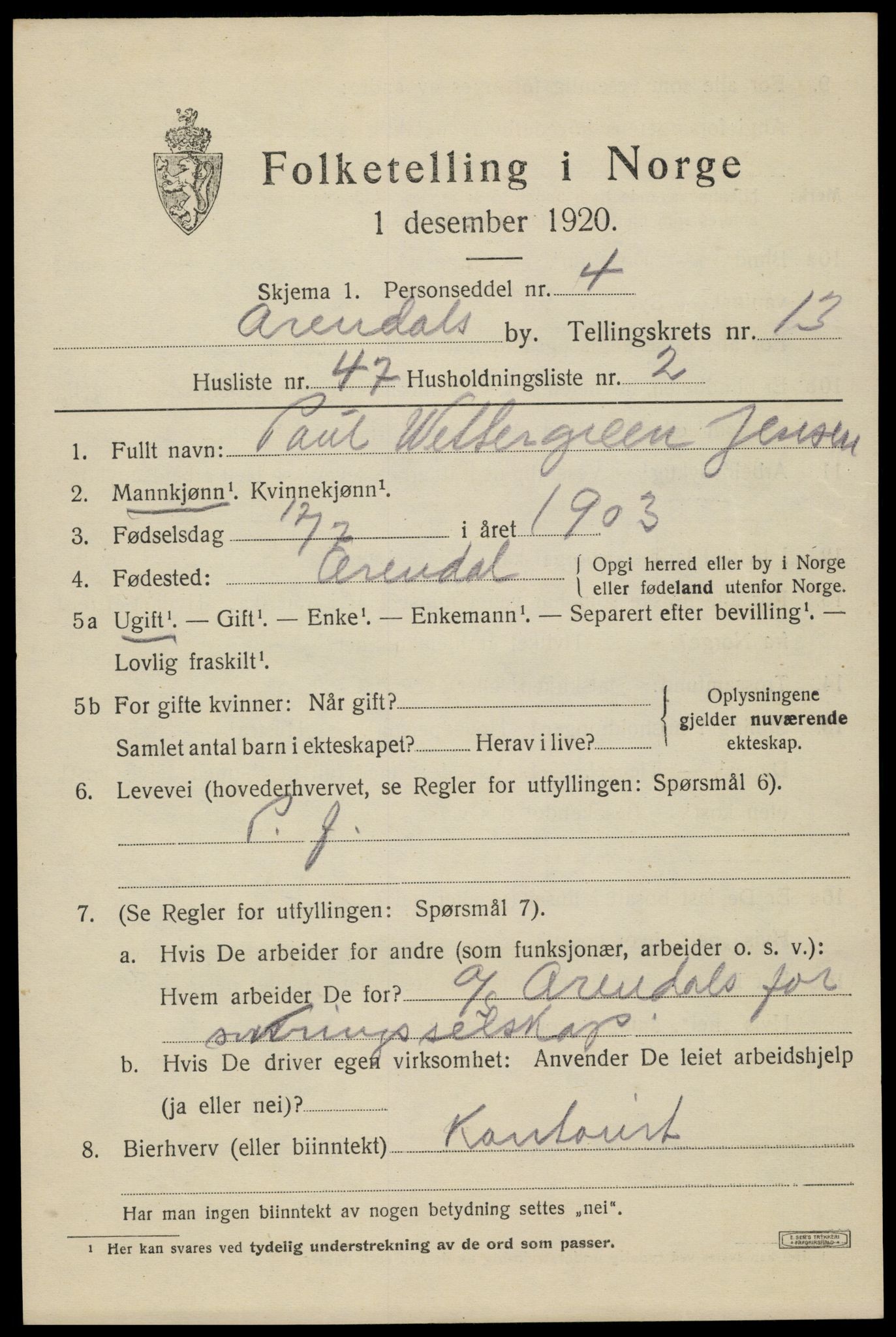 SAK, 1920 census for Arendal, 1920, p. 20822