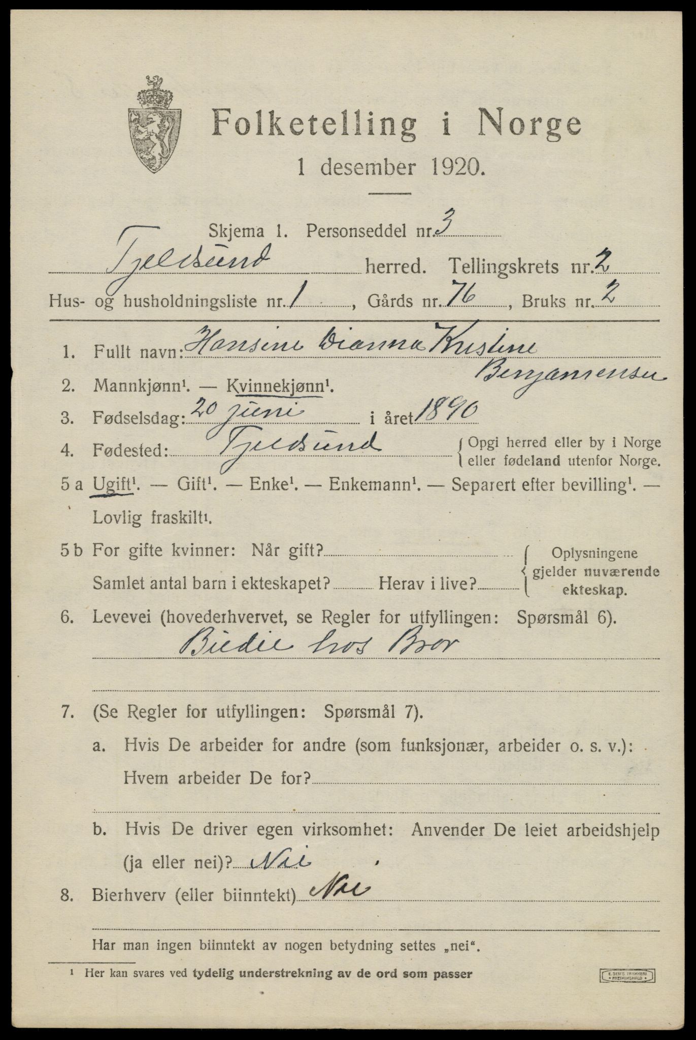 SAT, 1920 census for Tjeldsund, 1920, p. 1152