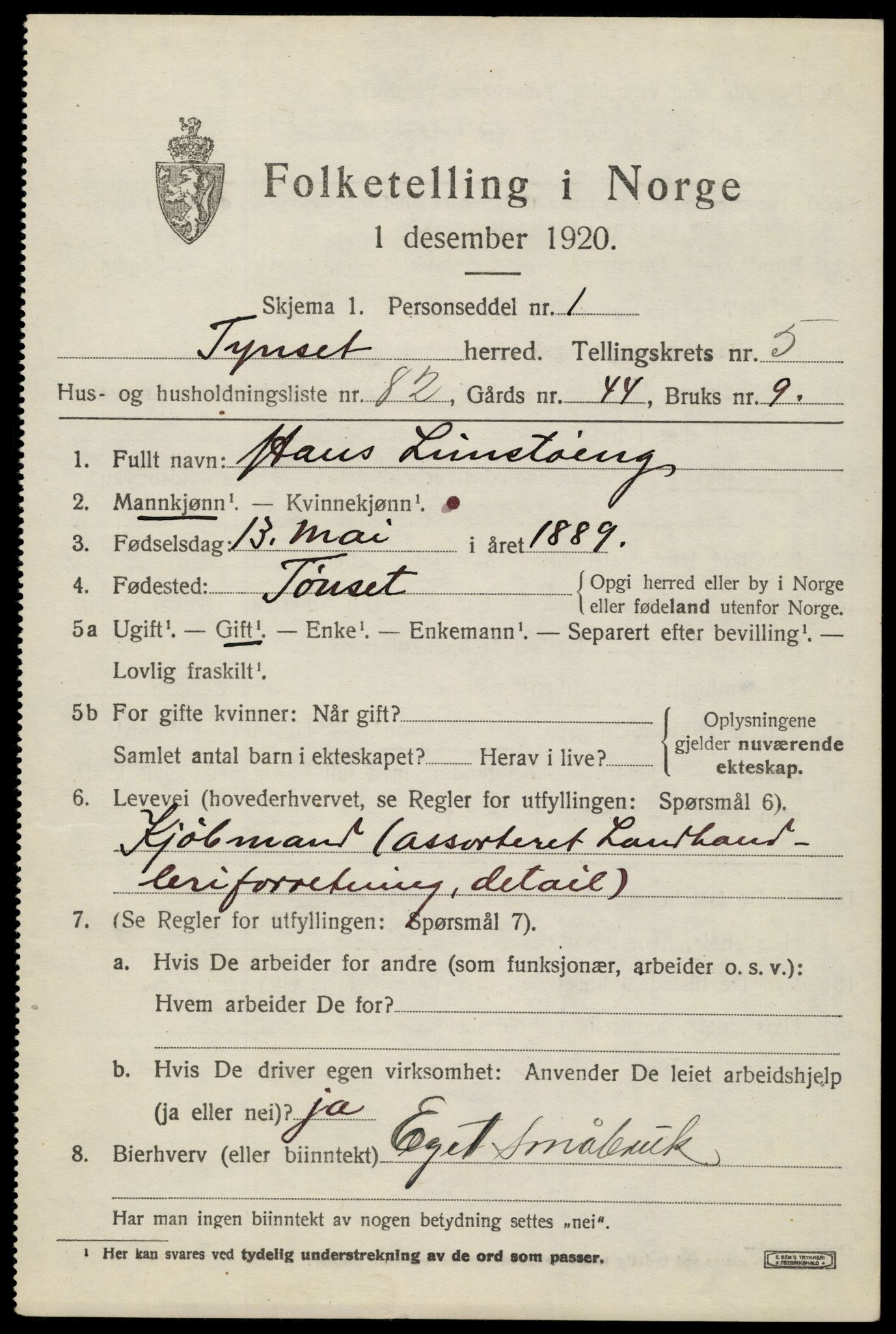 SAH, 1920 census for Tynset, 1920, p. 5480