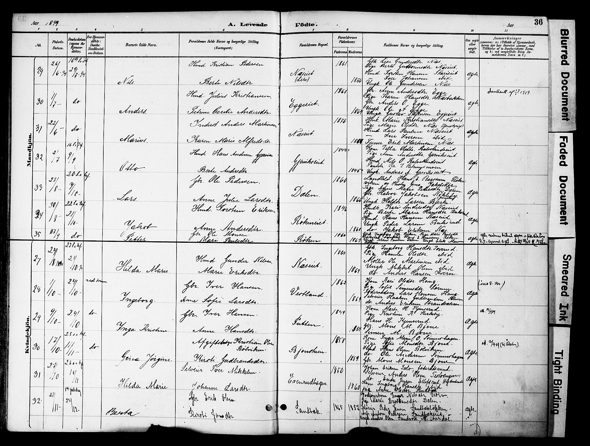 Gran prestekontor, AV/SAH-PREST-112/H/Ha/Haa/L0020: Parish register (official) no. 20, 1889-1899, p. 36