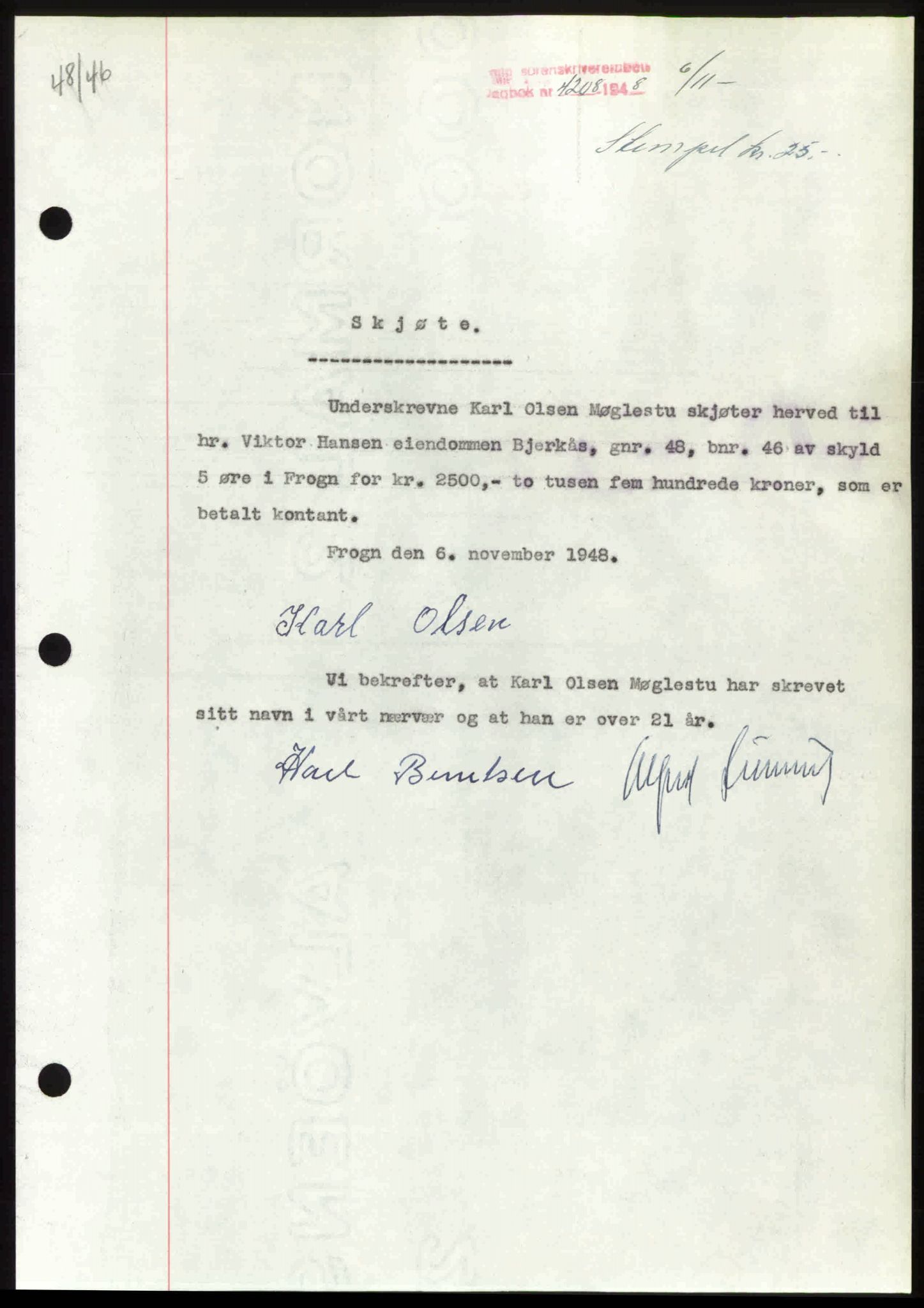 Follo sorenskriveri, SAO/A-10274/G/Ga/Gaa/L0085: Mortgage book no. I 85, 1948-1948, Diary no: : 4208/1948