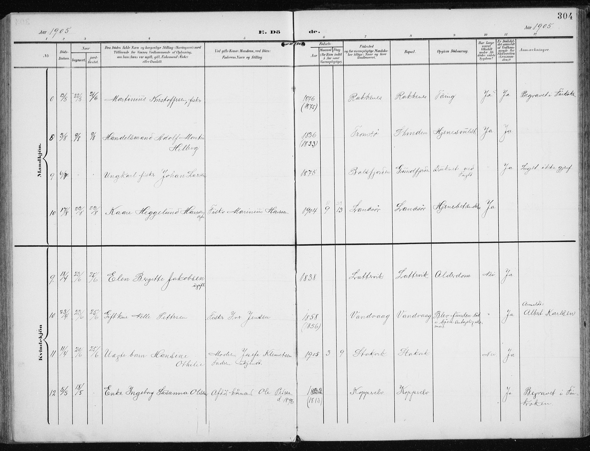 Karlsøy sokneprestembete, AV/SATØ-S-1299/H/Ha/Haa/L0014kirke: Parish register (official) no. 14, 1903-1917, p. 304