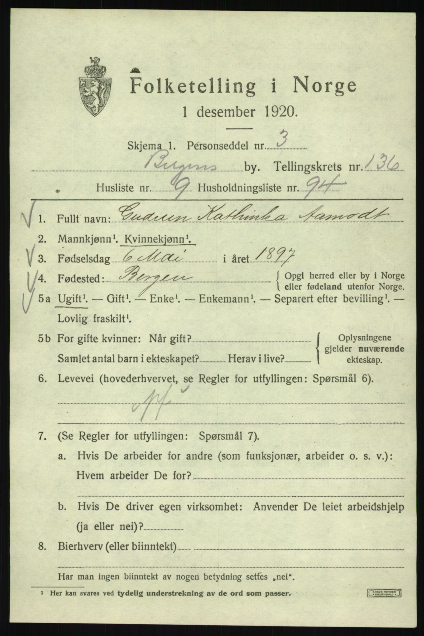 SAB, 1920 census for Bergen, 1920, p. 229658
