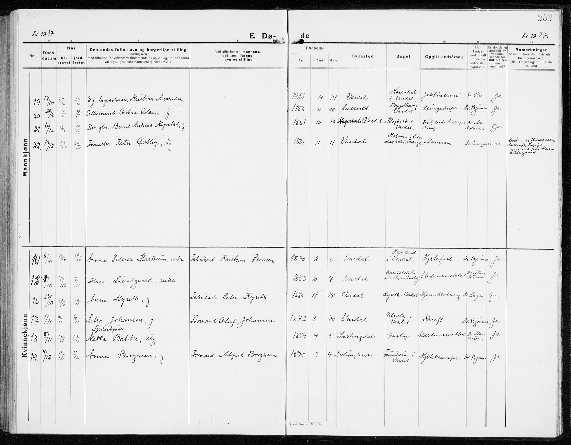 Vardal prestekontor, AV/SAH-PREST-100/H/Ha/Haa/L0018: Parish register (official) no. 18, 1930-1945, p. 252