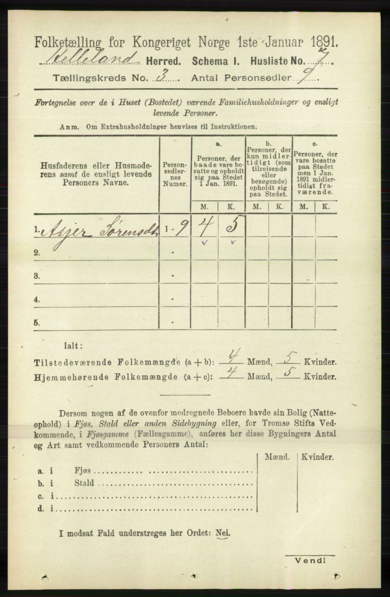 RA, 1891 census for 1115 Helleland, 1891, p. 796