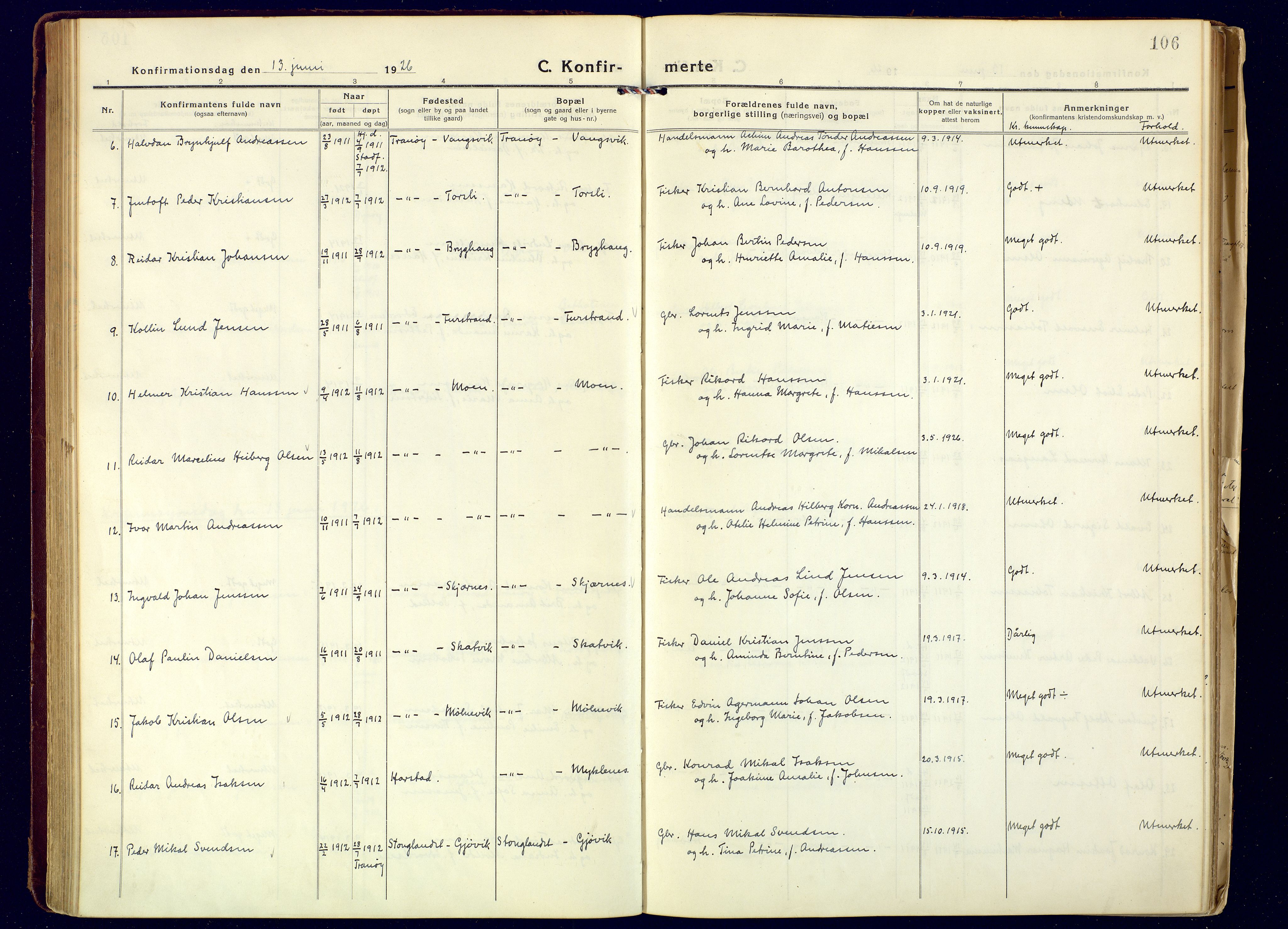 Tranøy sokneprestkontor, SATØ/S-1313/I/Ia/Iaa/L0016kirke: Parish register (official) no. 16, 1919-1932, p. 106