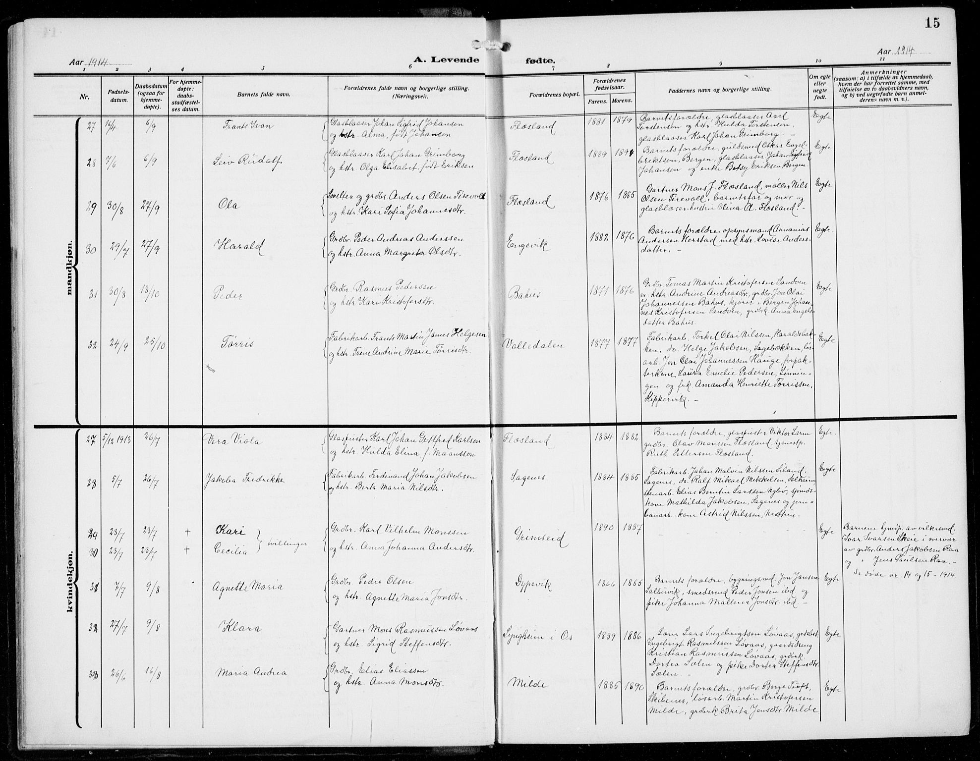 Fana Sokneprestembete, AV/SAB-A-75101/H/Hab/Haba/L0005: Parish register (copy) no. A 5, 1911-1932, p. 15