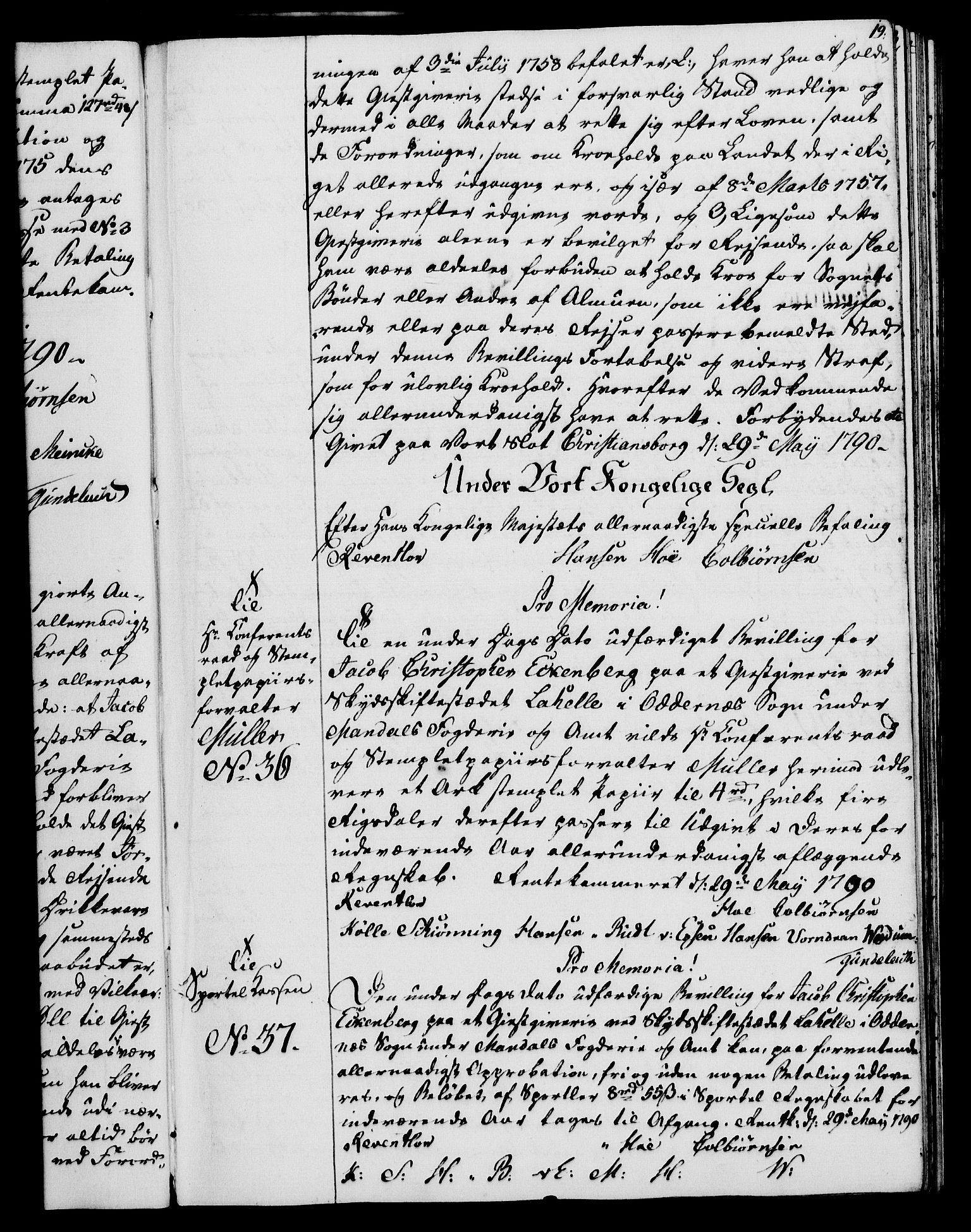 Rentekammeret, Kammerkanselliet, AV/RA-EA-3111/G/Gg/Gga/L0015: Norsk ekspedisjonsprotokoll med register (merket RK 53.15), 1790-1791, p. 19