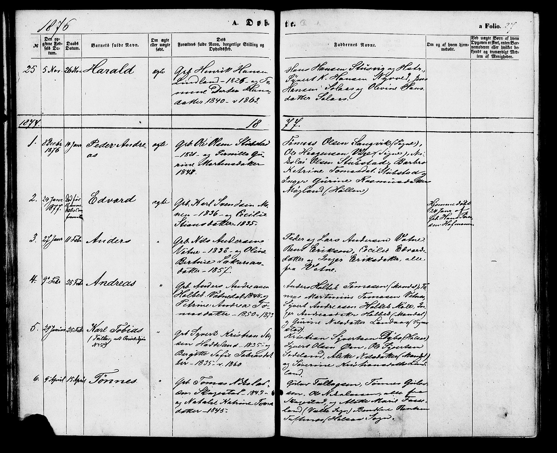 Holum sokneprestkontor, AV/SAK-1111-0022/F/Fa/Faa/L0006: Parish register (official) no. A 6, 1865-1883, p. 27