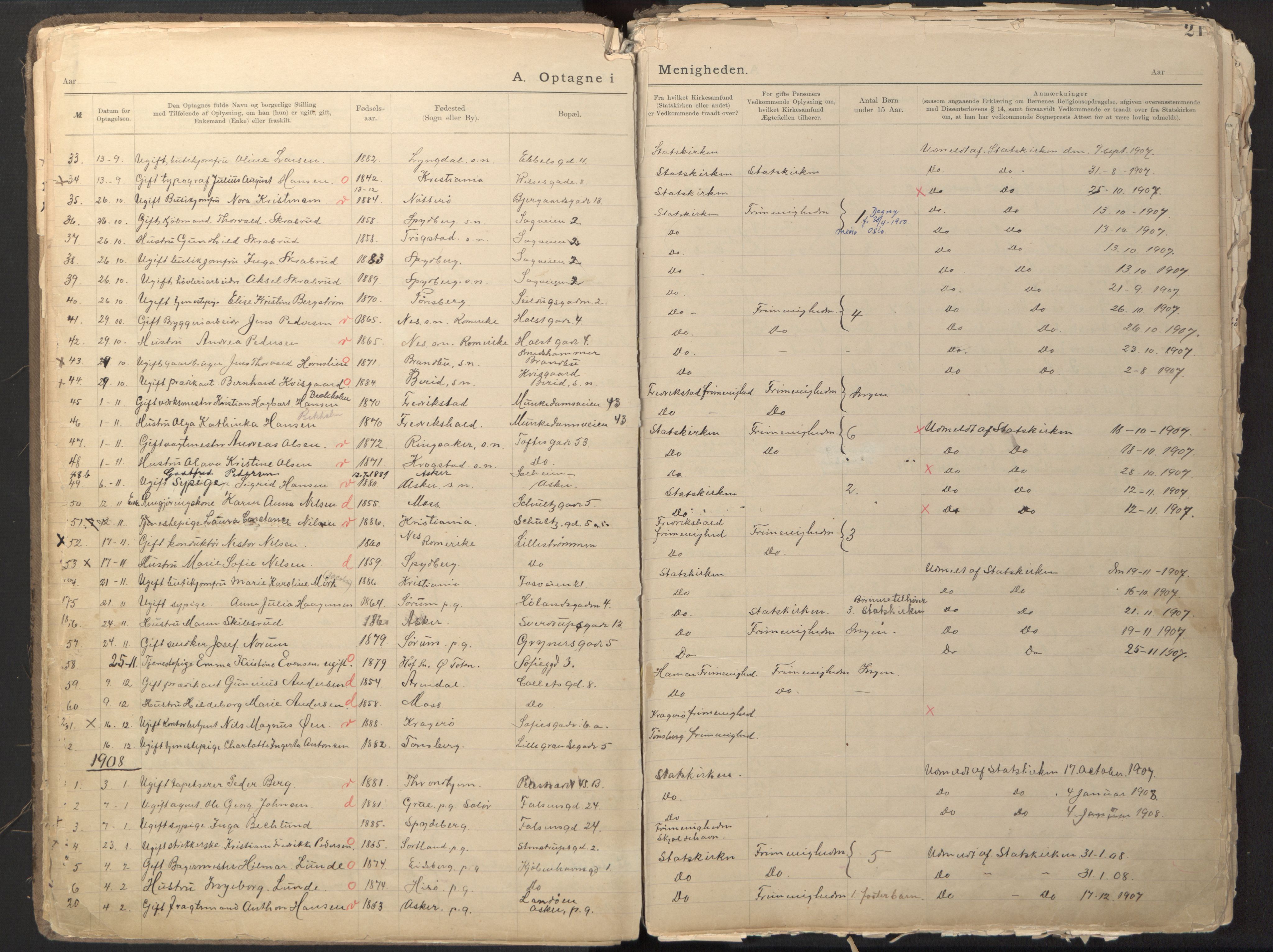 Den evangelisk-lutherske frikirke østre menighet, Oslo, SAO/PAO-0245/F/L0002: Dissenter register no. 2, 1892-1936, p. 21