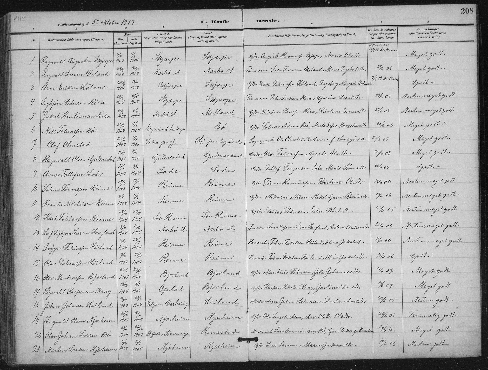 Hå sokneprestkontor, SAST/A-101801/002/B/L0001: Parish register (official) no. A 11, 1897-1924, p. 208