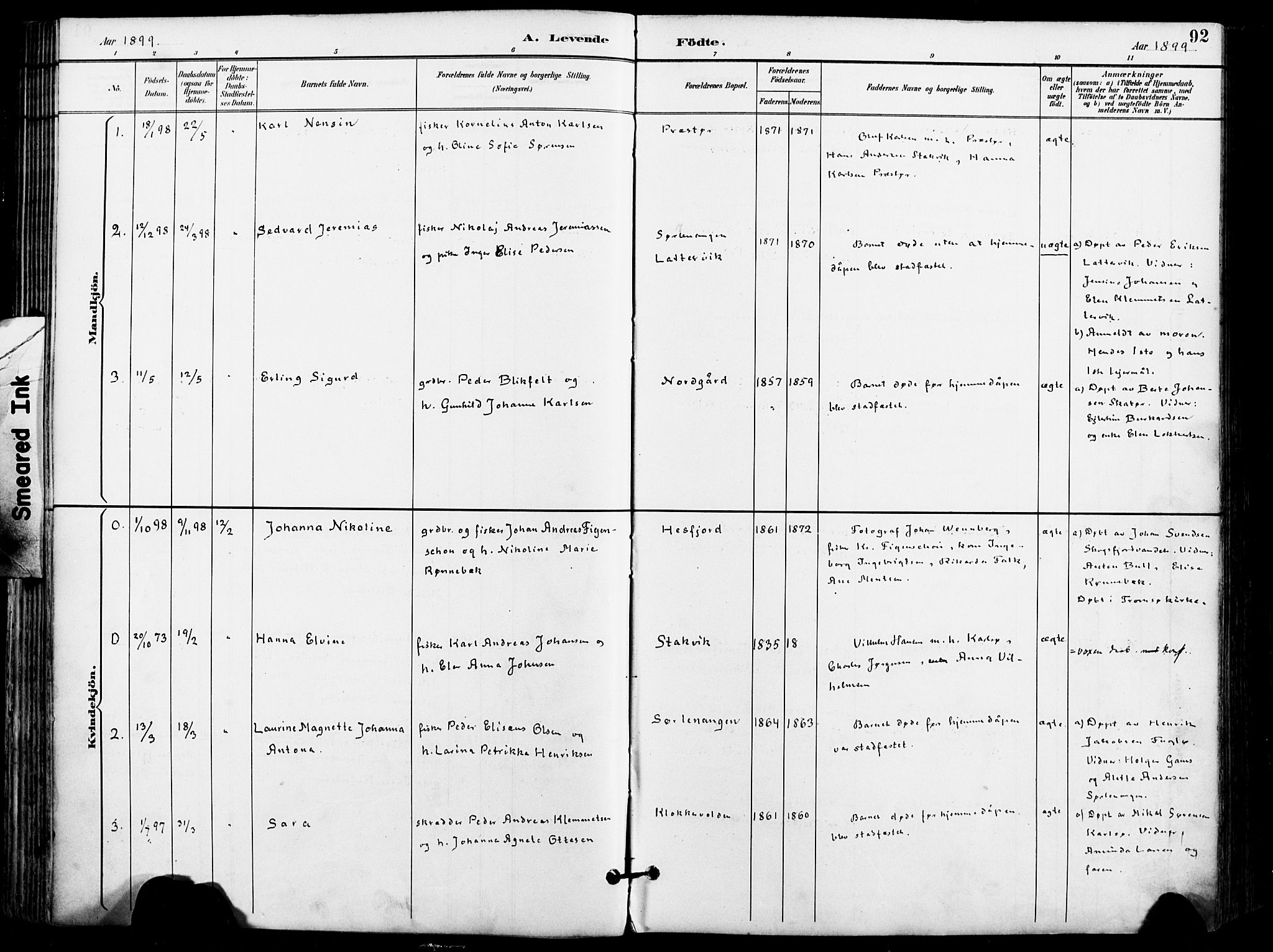 Karlsøy sokneprestembete, AV/SATØ-S-1299/H/Ha/Haa/L0007kirke: Parish register (official) no. 7, 1891-1902, p. 92