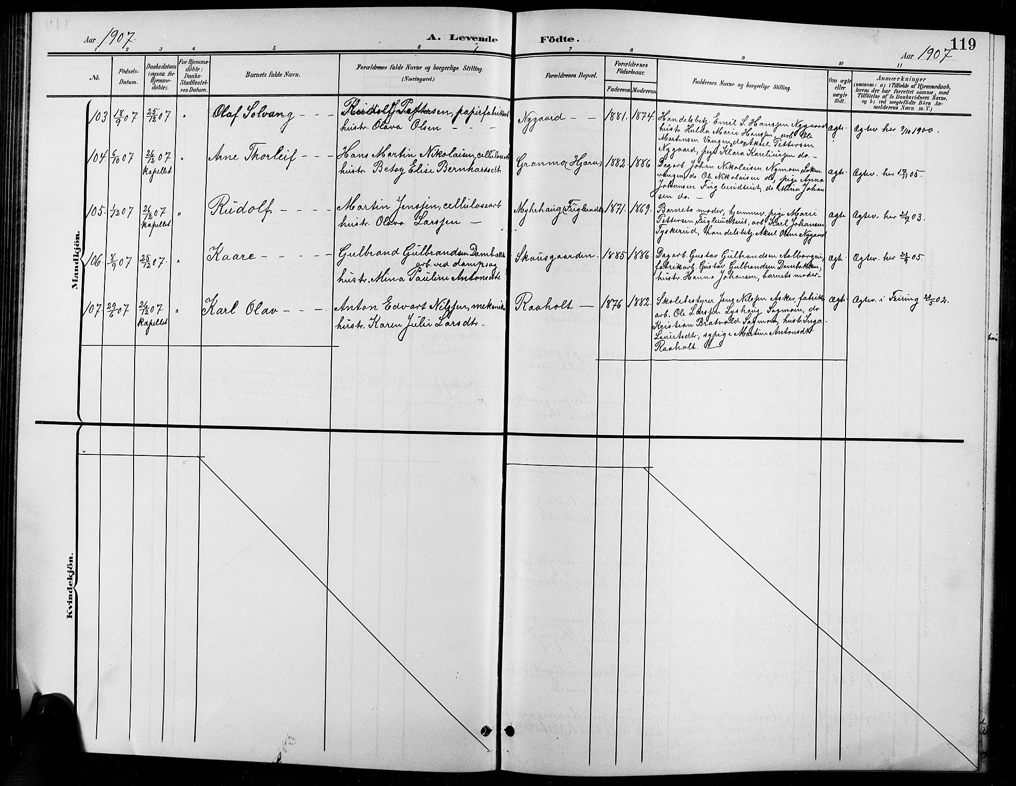 Eidsvoll prestekontor Kirkebøker, AV/SAO-A-10888/G/Ga/L0007: Parish register (copy) no. I 7, 1901-1909, p. 119